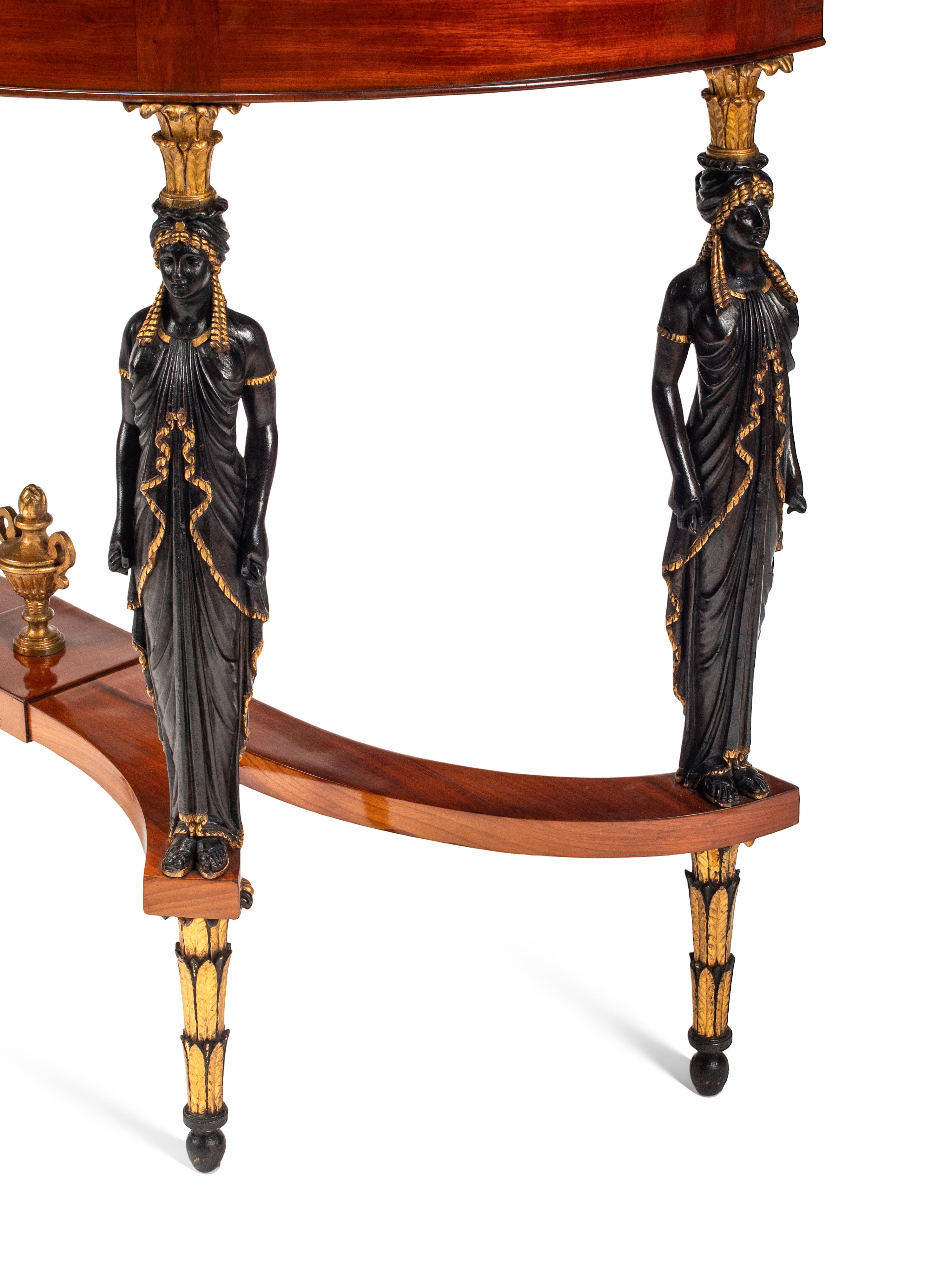 A Pair of Italian Neoclassical Painted and Parcel Gilt Mahogany Marble-Top Console Tables