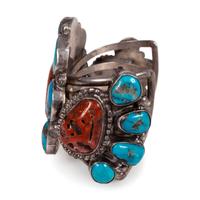 Navajo Silver Cuff Bracelet, with Turquoise and Coral Clusters