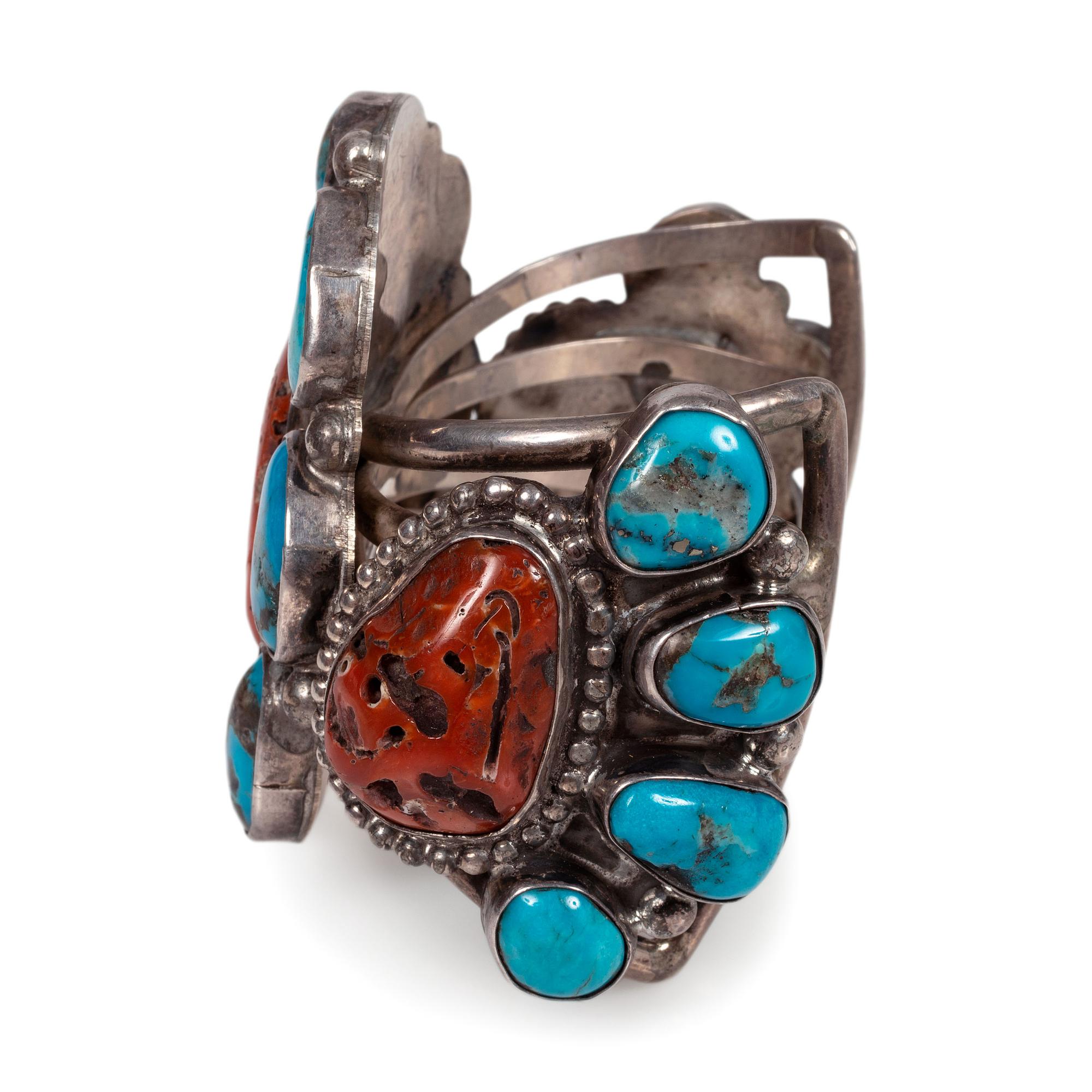Navajo Silver Cuff Bracelet, with Turquoise and Coral Clusters