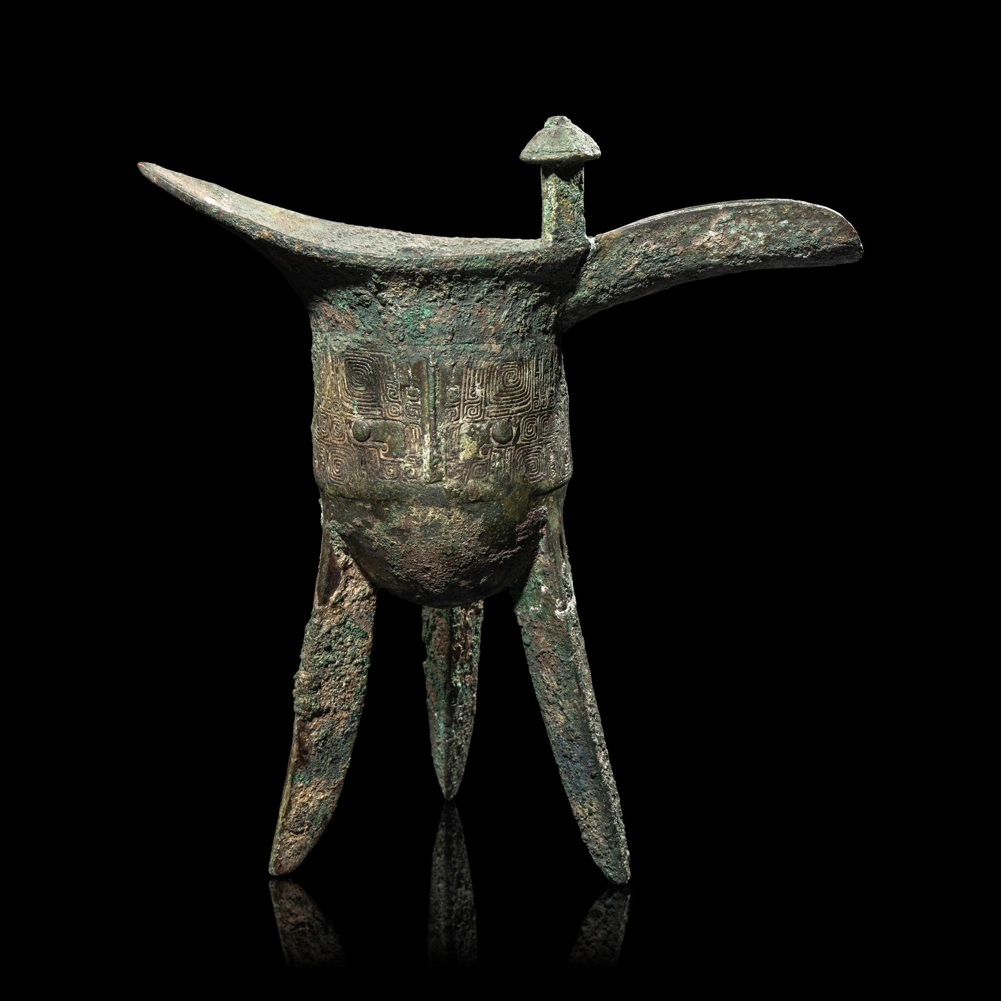 A Chinese Archaic Ritual Bronze Wine Vessel, Jue , Mark Gaotian, Late Shang-Early West Zhou Dynasty 商代晚期-西周早期 青銅饕餮紋'告田'爵