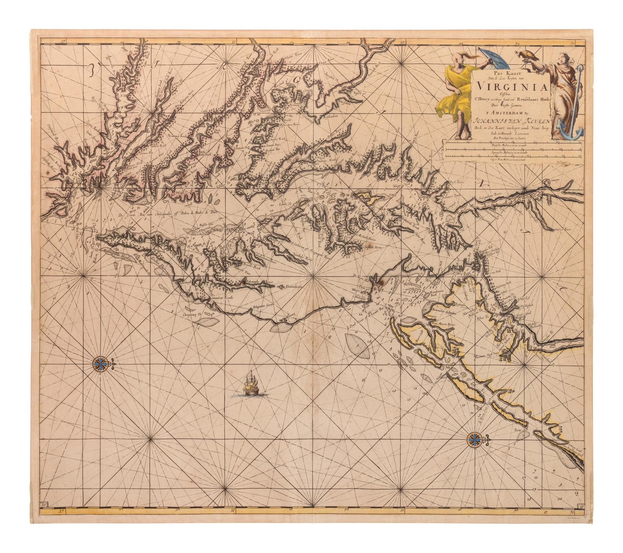 KEULEN, Johannes van (1654-1715). pas Kaart Van de Zee Kusten van Virginia Tusschen . Amsterdam, ca 1695.