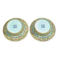 A Pair of Chinese Yellow Ground Famille Rose Porcelain Covered Spittoons 黃地粉彩唾盂一對