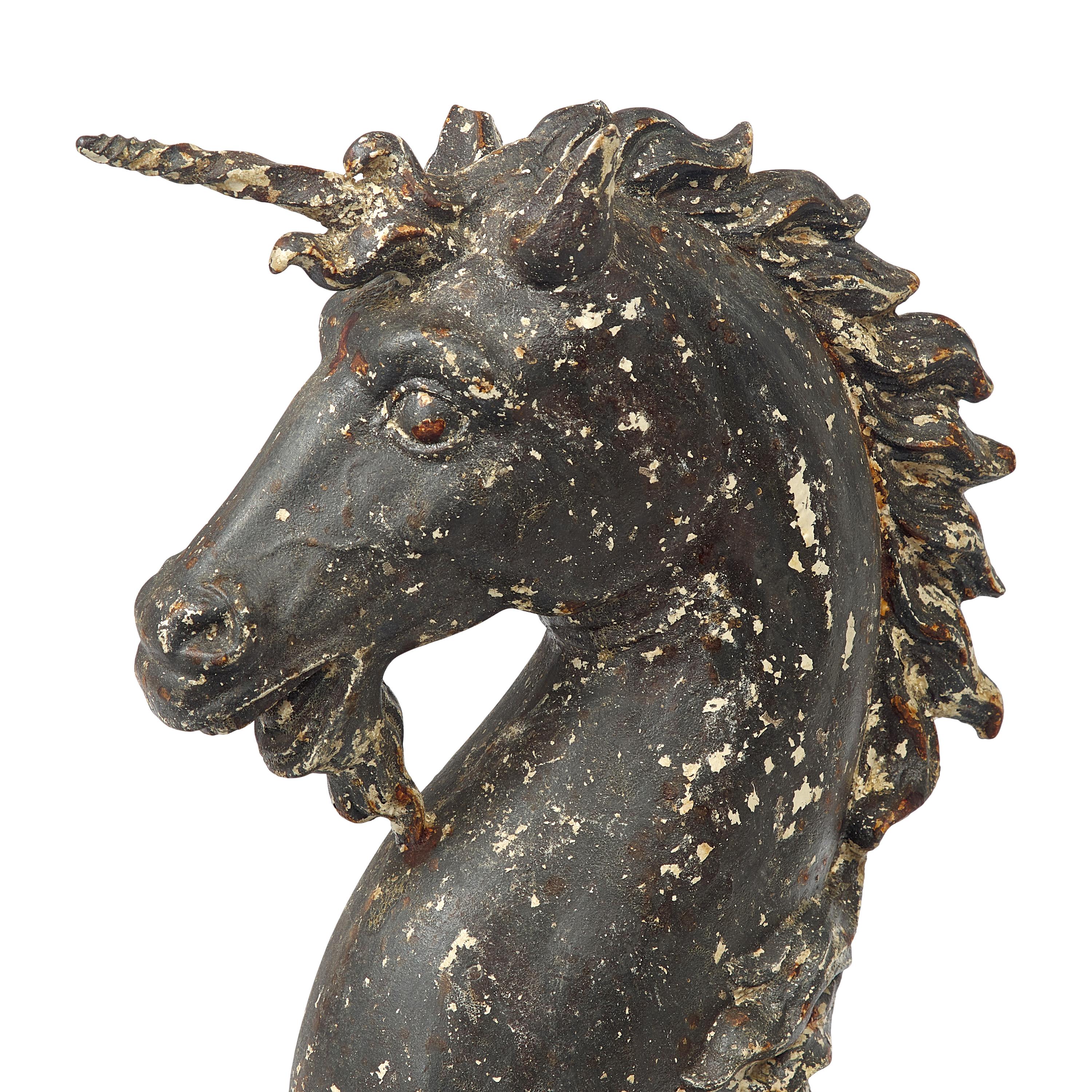 A Rare Pair of Painted Cast and Wrought-Iron Unicorn Hitching Post Finials