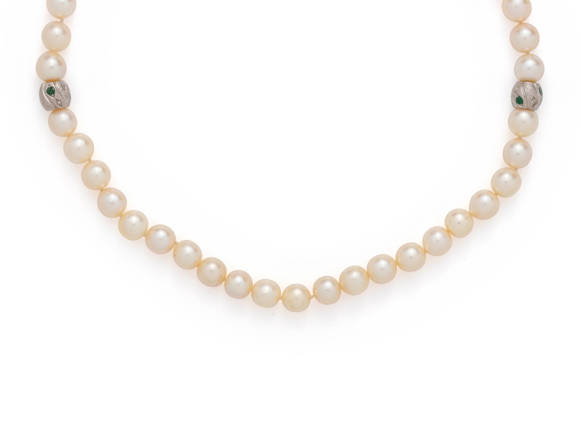 CULTURED PEARL, EMERALD AND DIAMOND NECKLACE