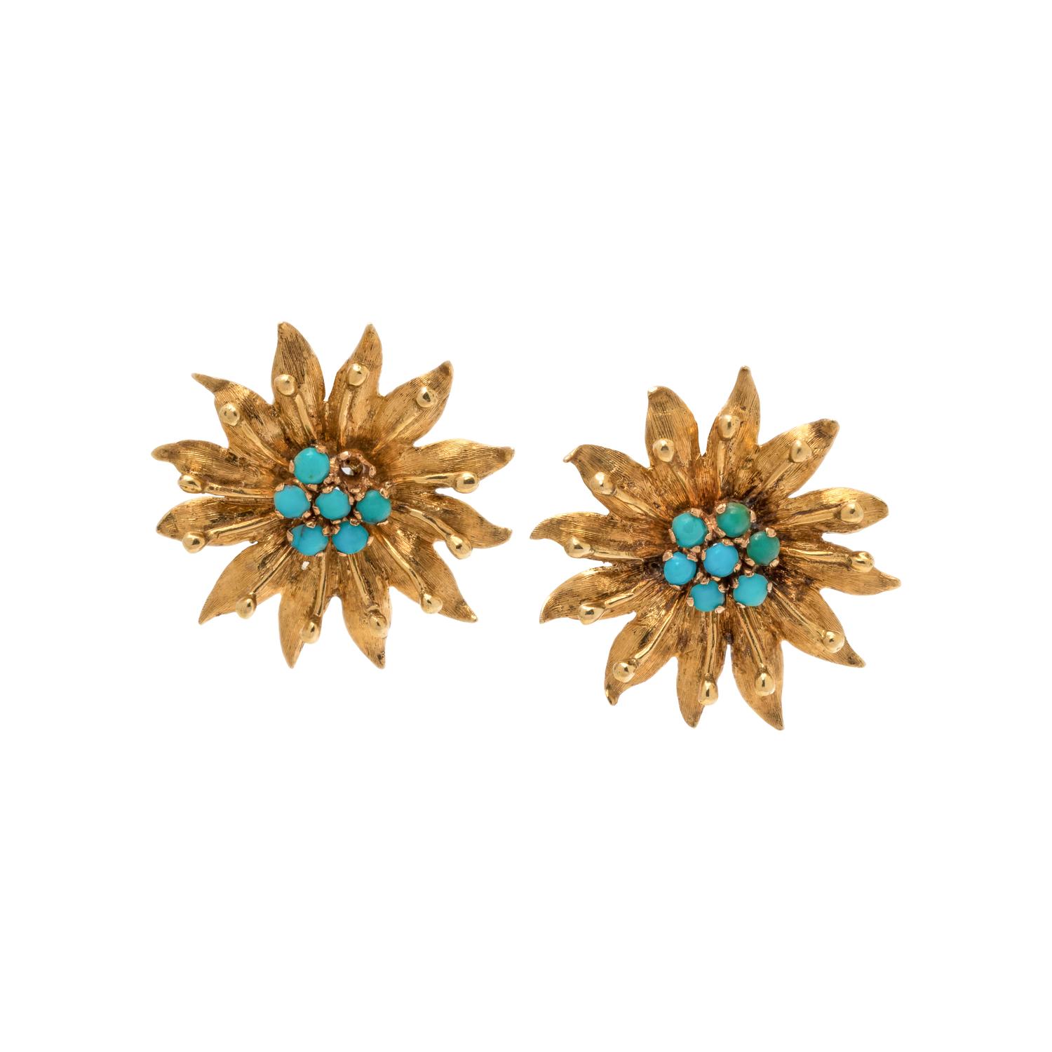 YELLOW GOLD AND TURQUOISE FLOWER EARCLIPS
