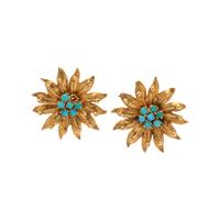 YELLOW GOLD AND TURQUOISE FLOWER EARCLIPS