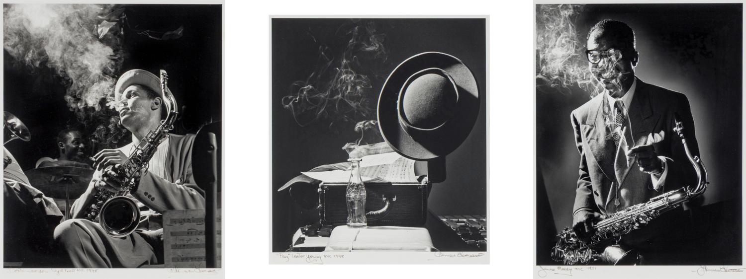 James Moody, NYC, 1951; "Prez" Lester Young, NYC, 1948; and Dexter Gordon, Royal Roost, NYC, 1948; (three works, mounted as a triptych)