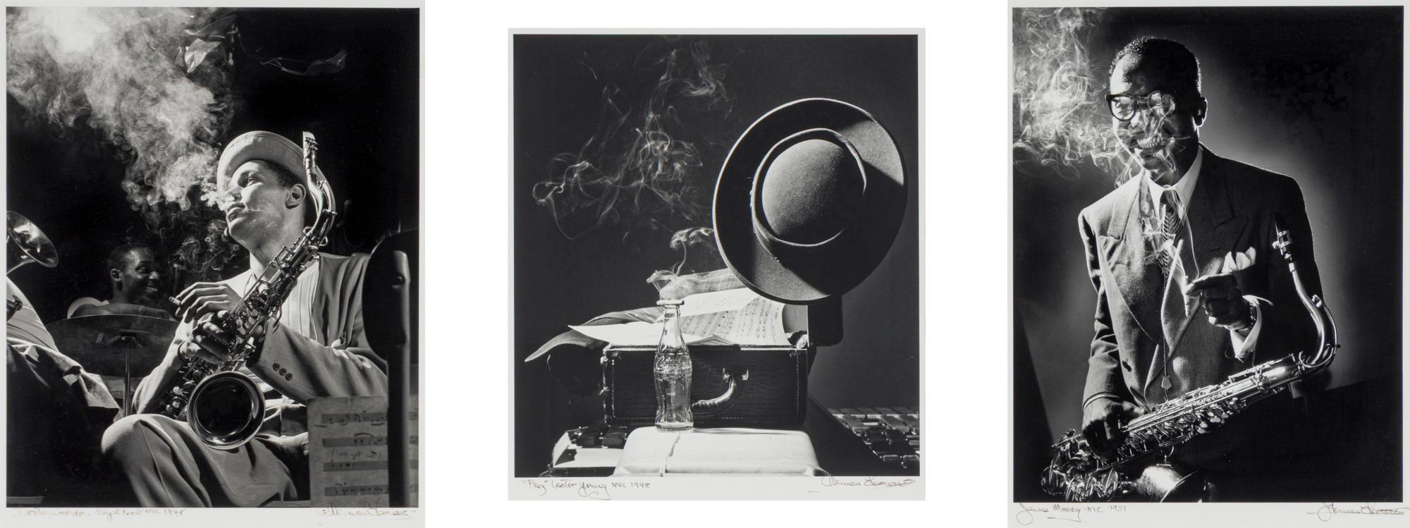 James Moody, NYC, 1951; "Prez" Lester Young, NYC, 1948; and Dexter Gordon, Royal Roost, NYC, 1948; (three works, mounted as a triptych)