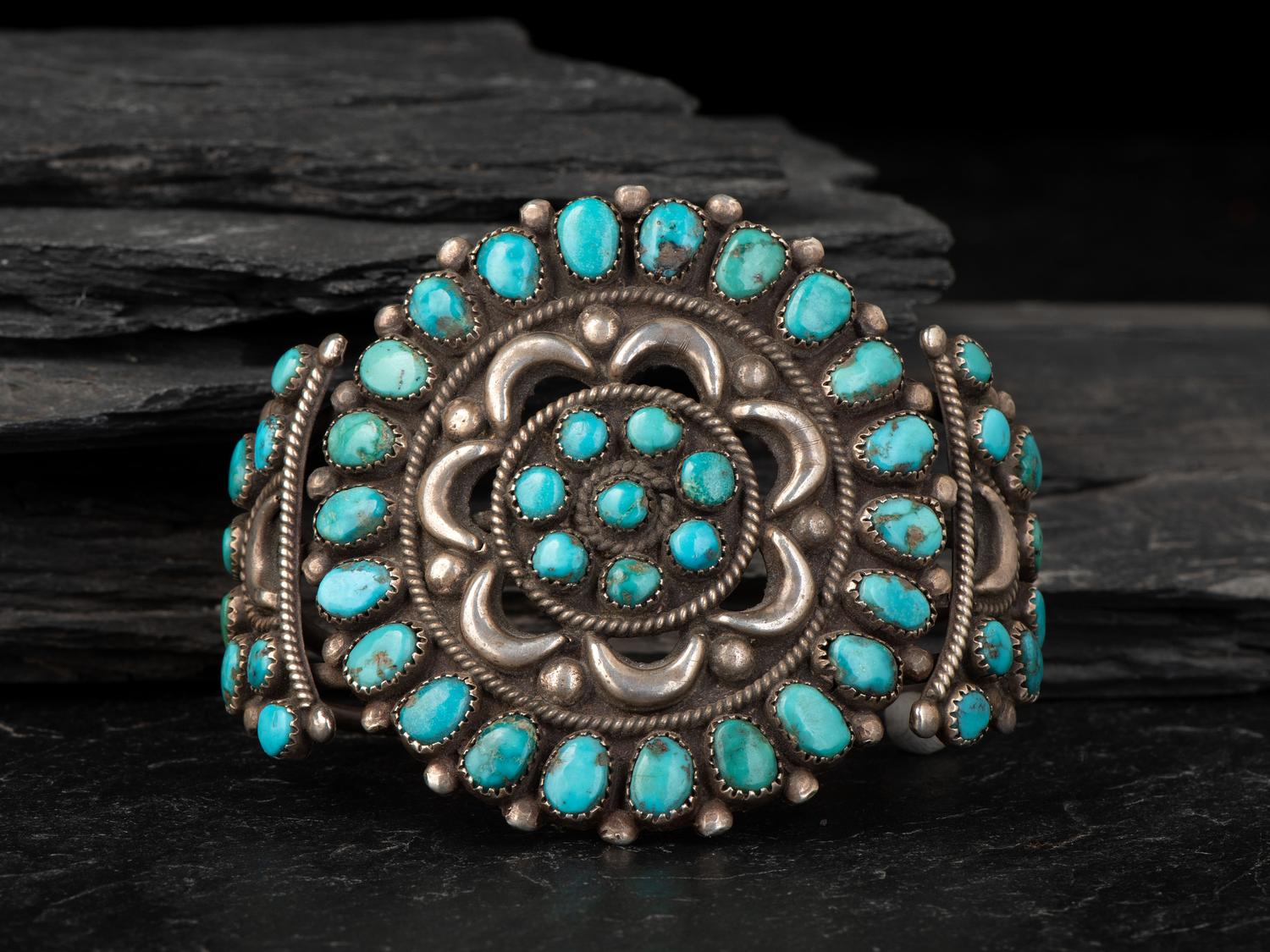 Navajo or Zuni Silver and Turquoise Cluster Cuff Bracelet