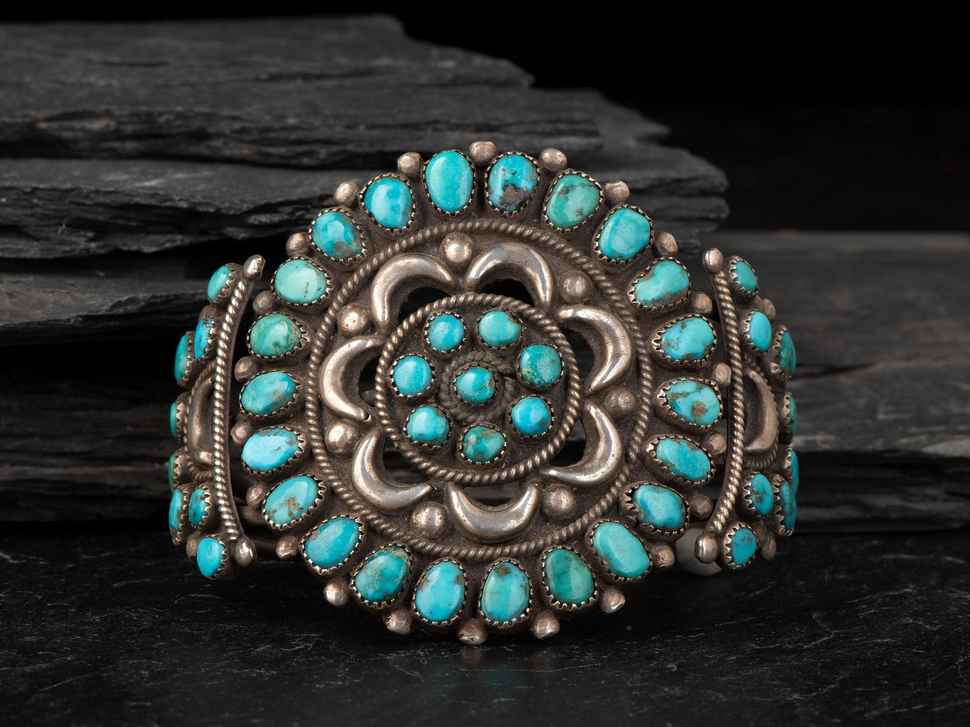 Navajo or Zuni Silver and Turquoise Cluster Cuff Bracelet