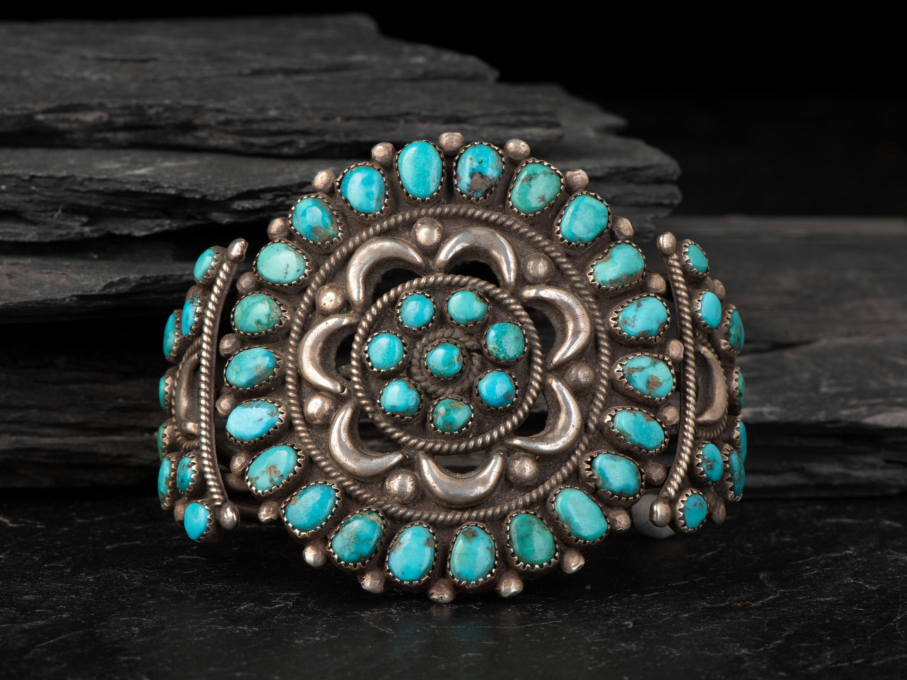 Navajo or Zuni Silver and Turquoise Cluster Cuff Bracelet