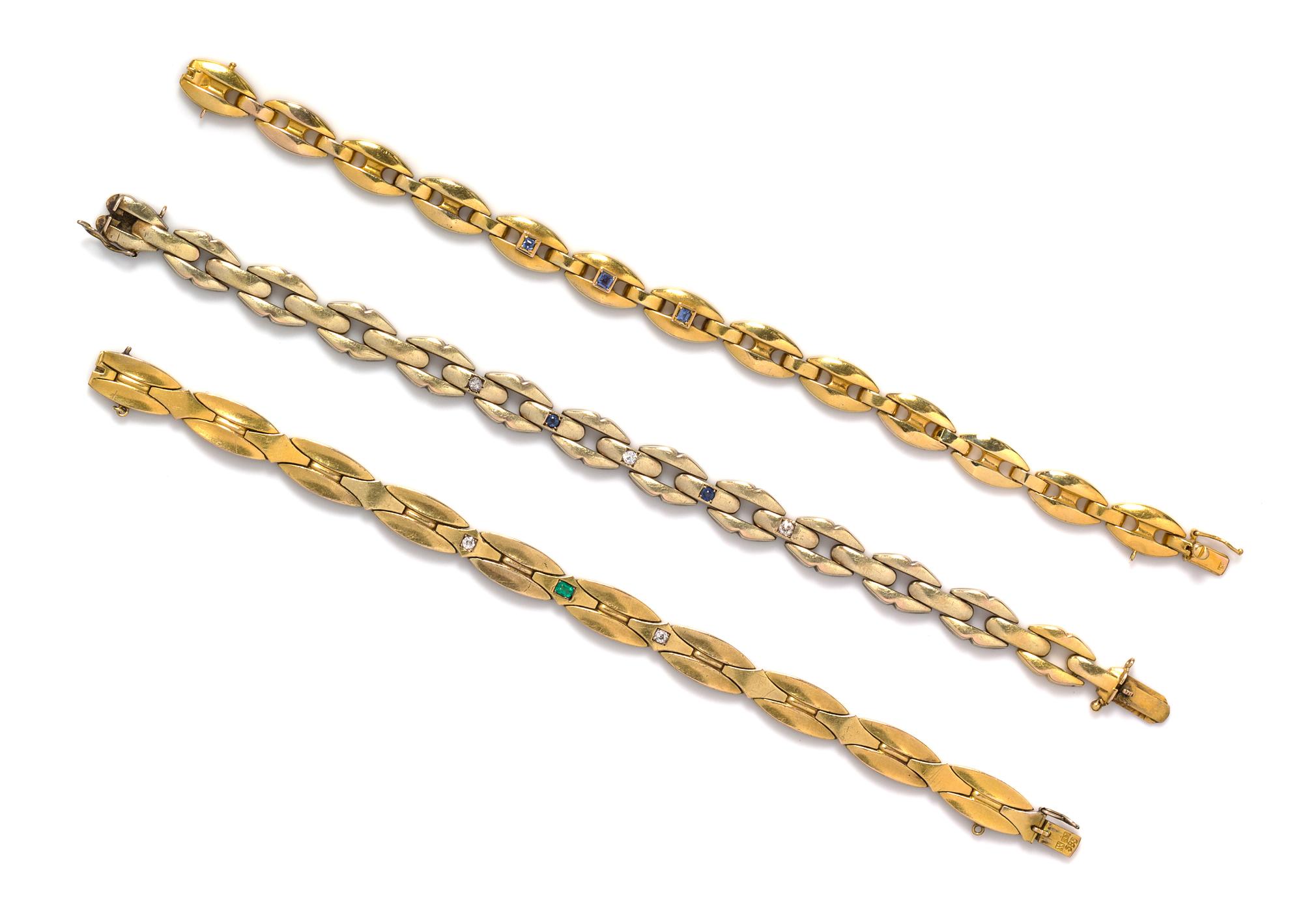 A Collection of Vintage Yellow Gold, Diamond and Gemstone Bracelets, 27.30 dwts.