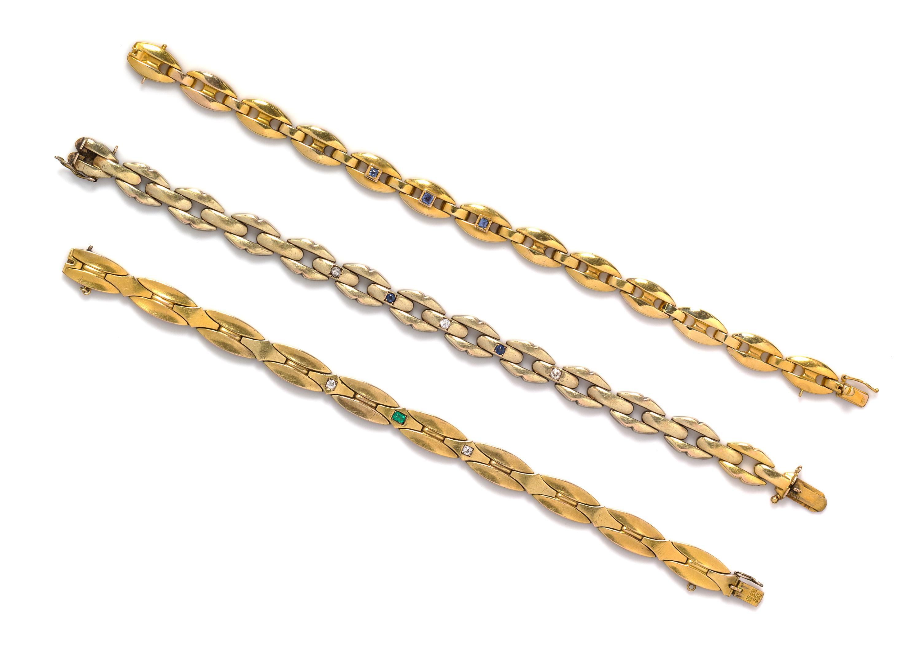 A Collection of Vintage Yellow Gold, Diamond and Gemstone Bracelets, 27.30 dwts.