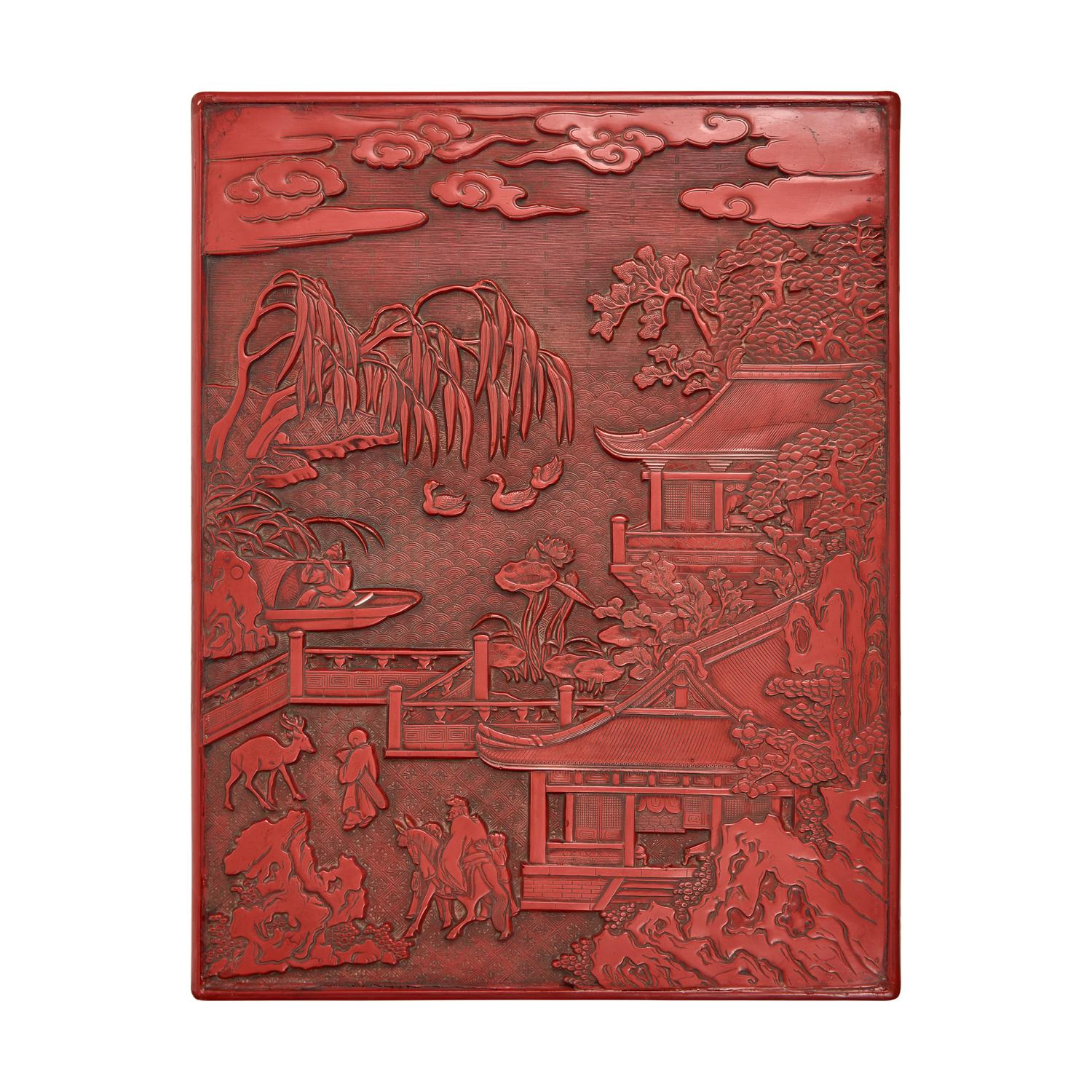 A Large Chinese Carved Cinnabar Lacquer Rectangular Box and Cover, 19th Century 清中期 剔紅攜琴訪友圖大方盒