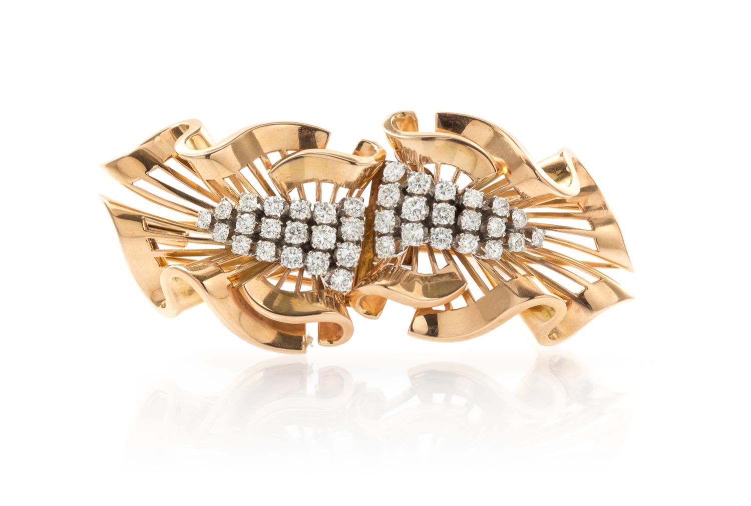 A Pair of Retro Rose Gold, Platinum and Diamond Dressclips, 25.50 dwts.