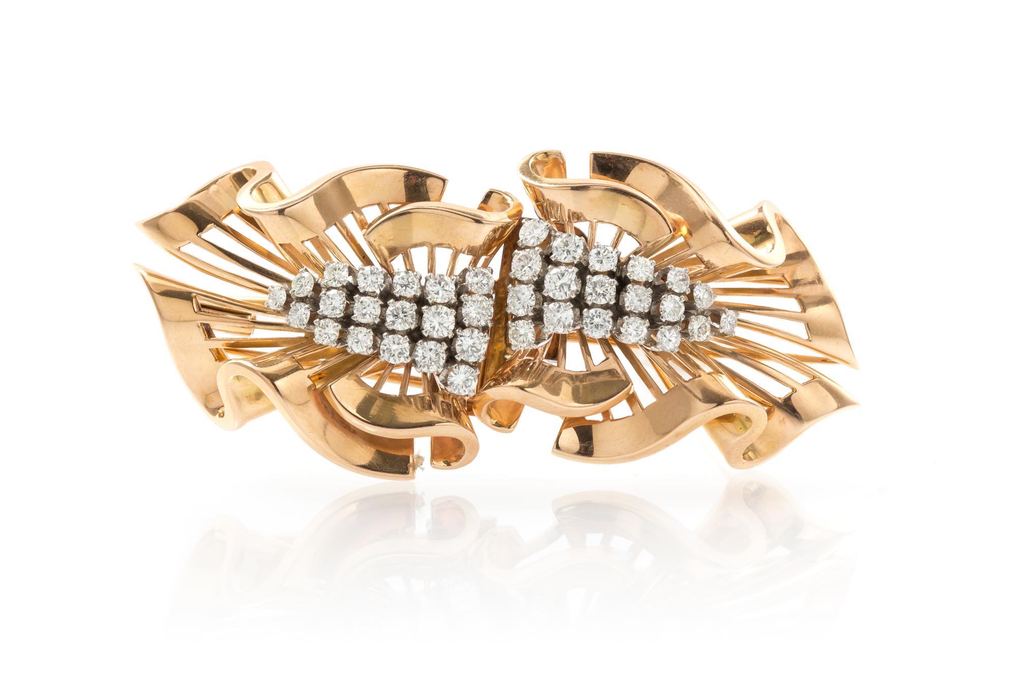 A Pair of Retro Rose Gold, Platinum and Diamond Dressclips, 25.50 dwts.