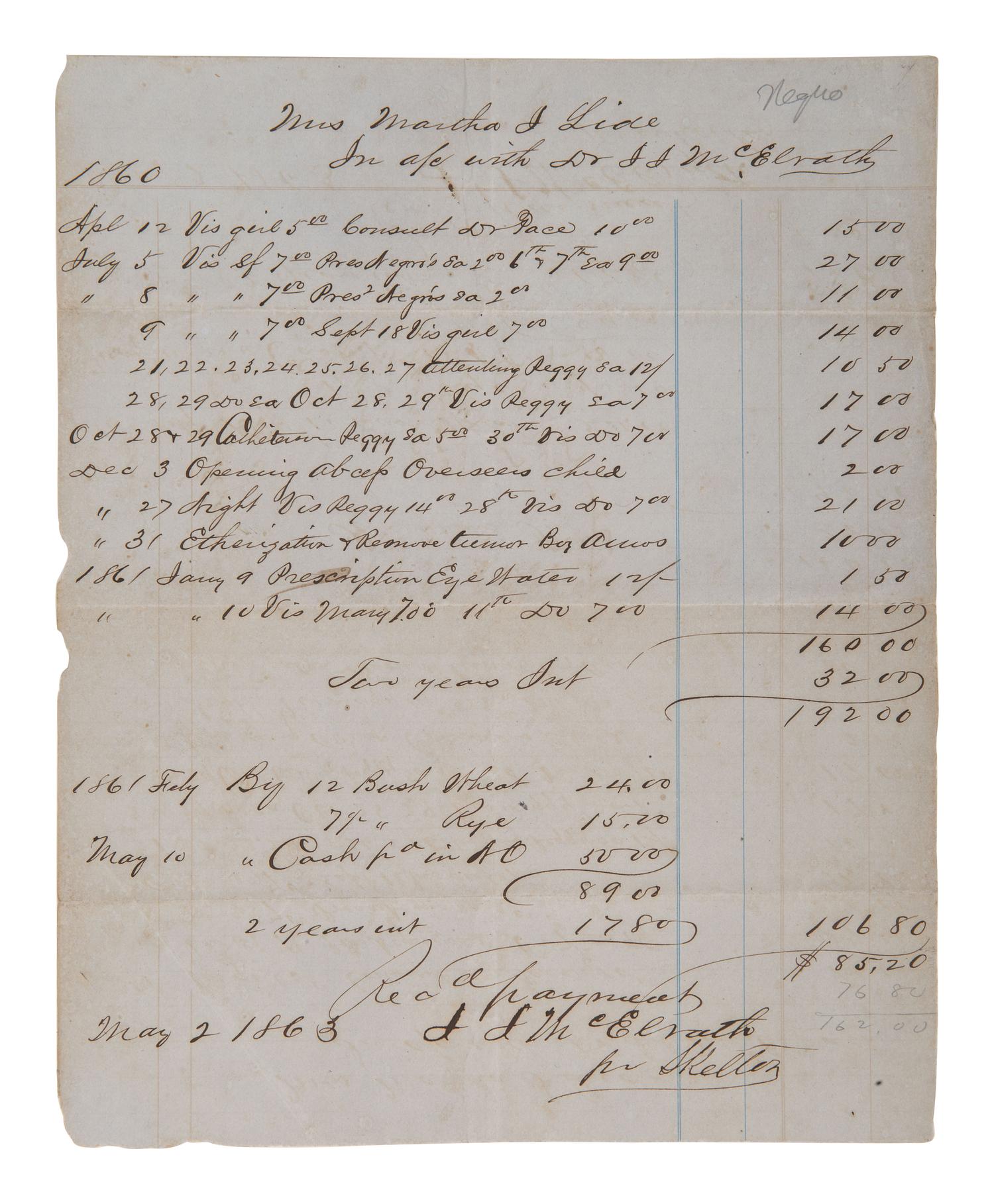 [ENSLAVEMENT]. 3 doctors' bills for medical services rendered, incl. to slaves during the Civil War.