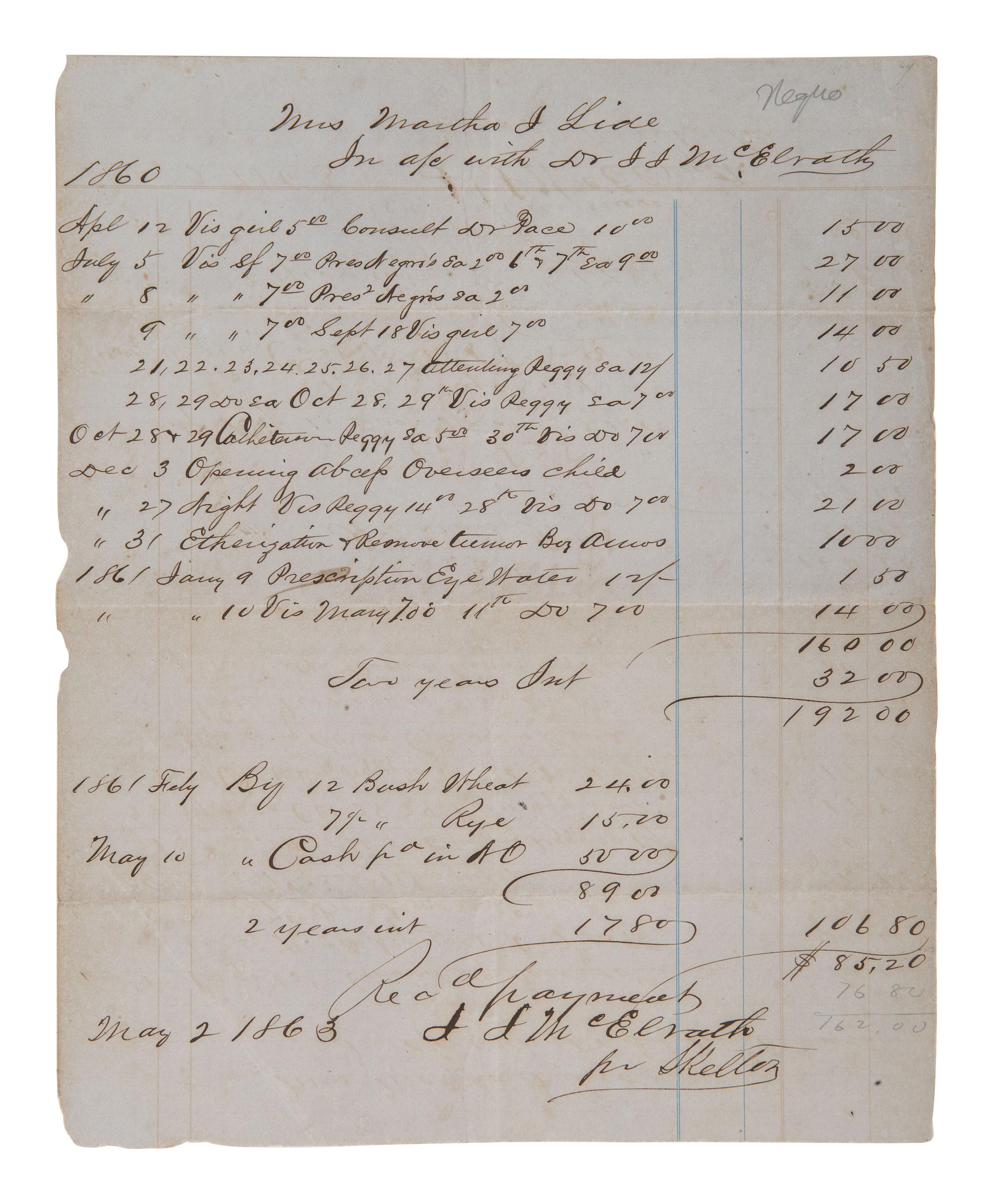 [ENSLAVEMENT]. 3 doctors' bills for medical services rendered, incl. to slaves during the Civil War.