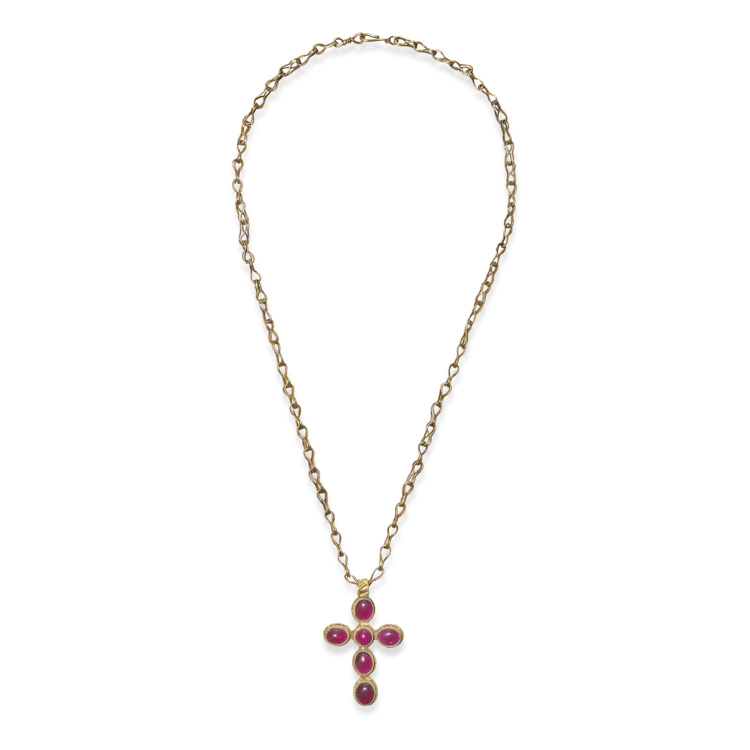 A Byzantine Revival Gold and Garnet Cross — with an ancient gold chain