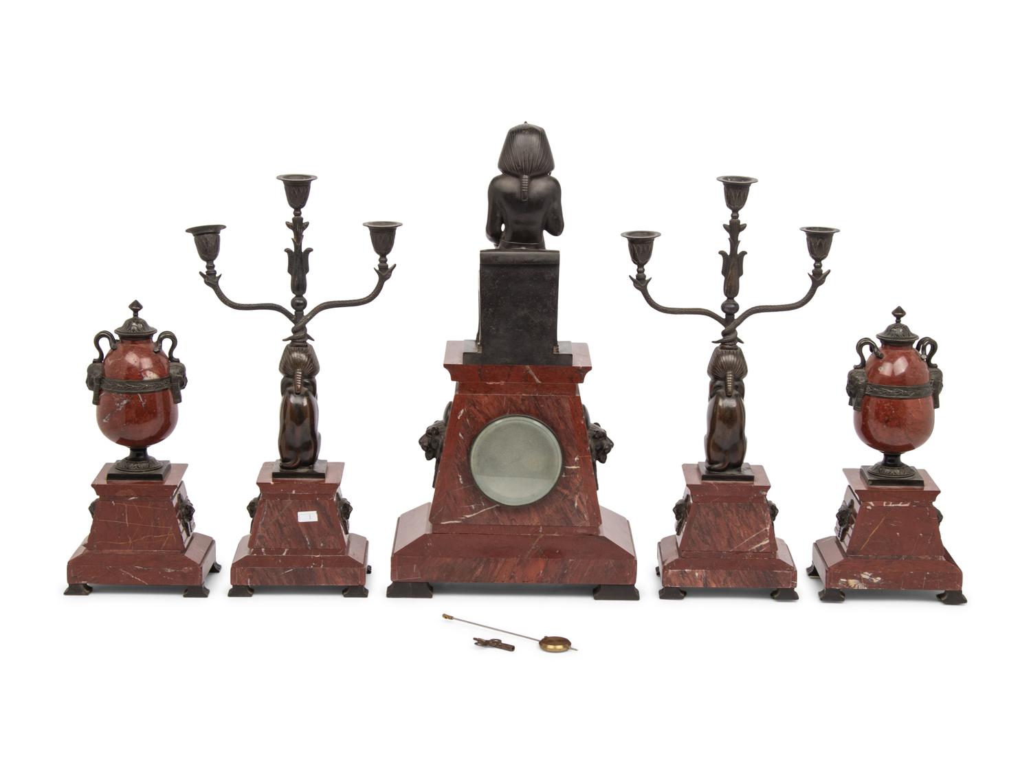 A French Egyptian Revival Bronze and Marble Five-Piece Clock Garniture