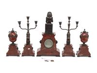 A French Egyptian Revival Bronze and Marble Five-Piece Clock Garniture