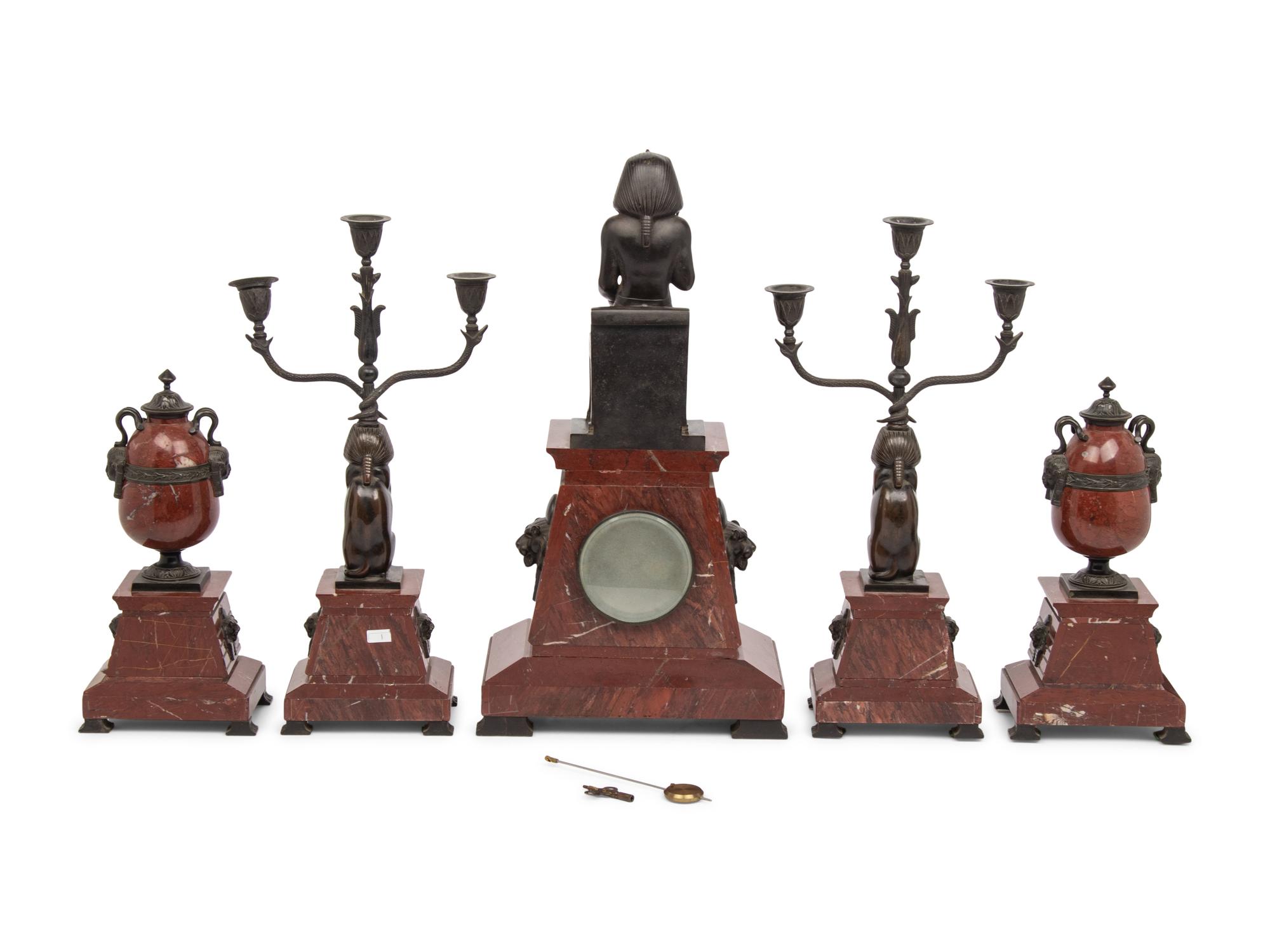 A French Egyptian Revival Bronze and Marble Five-Piece Clock Garniture