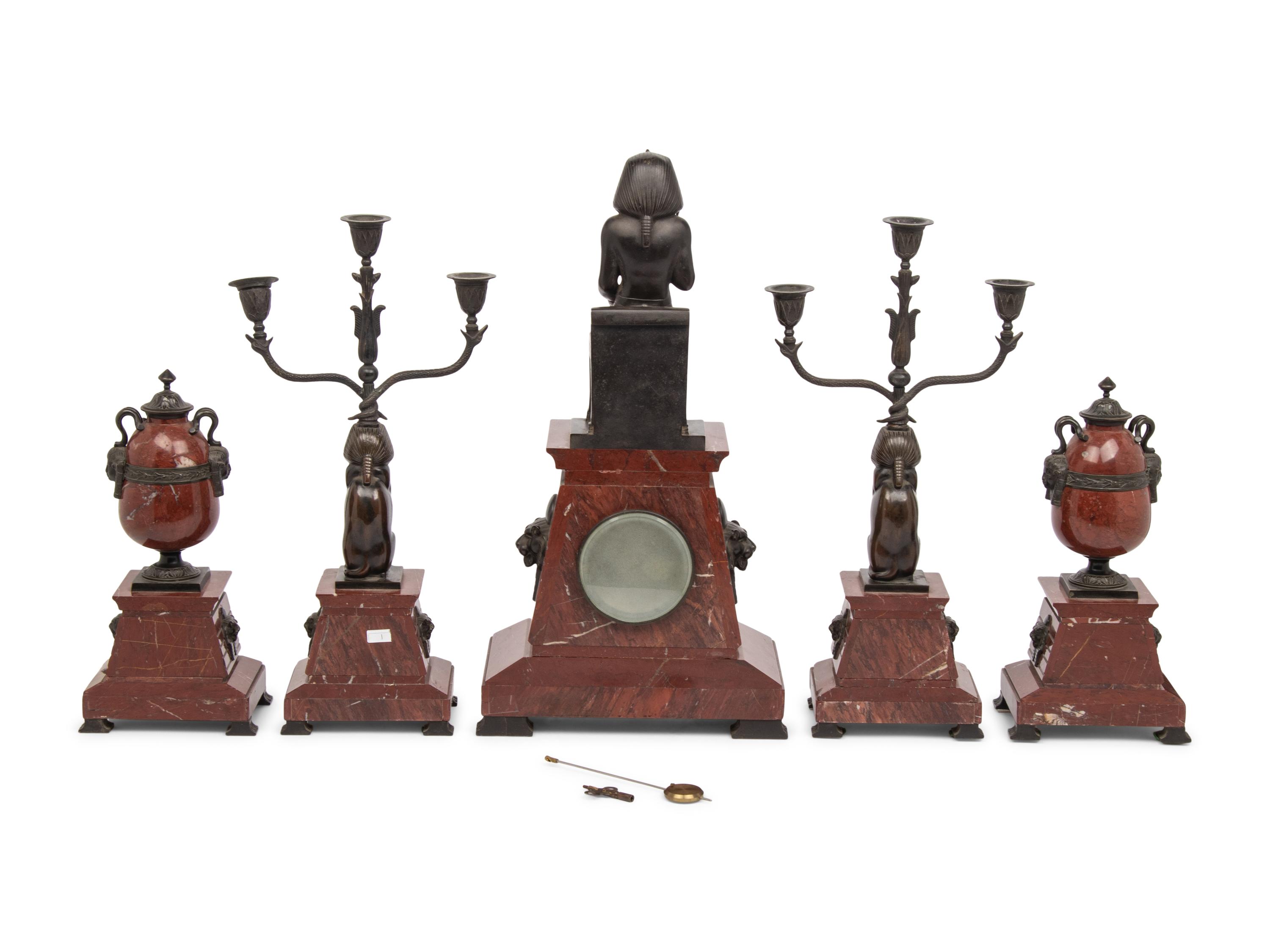 A French Egyptian Revival Bronze and Marble Five-Piece Clock Garniture