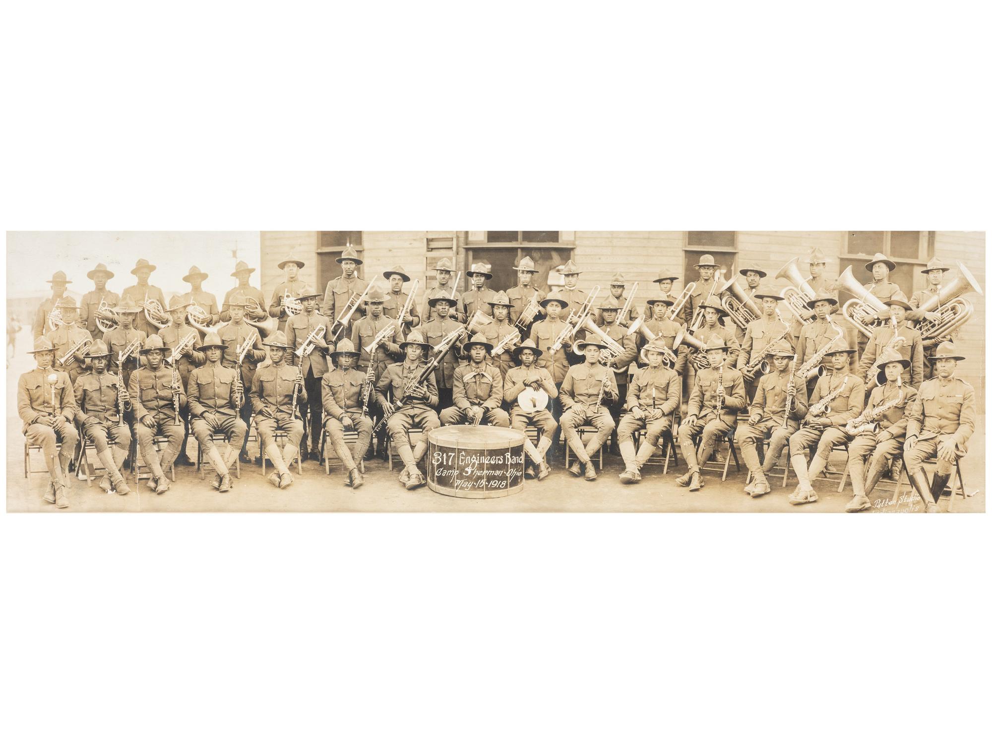 [WORLD WAR I]. Panoramic photograph of the World War I 317th Engineer's Band. Indianapolis: Patton Studio, 1918.