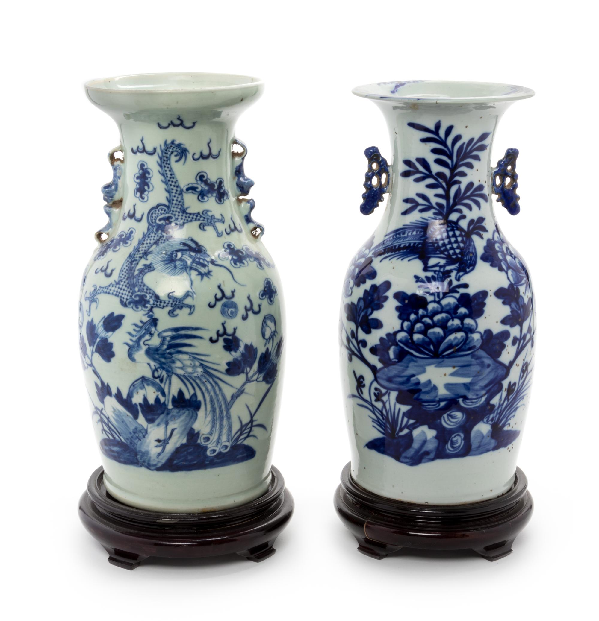 Four Chinese Celadon Ground Underglaze Blue Porcelain Vases Height of tallest 17 1/4 inches. — 19TH CENTURY