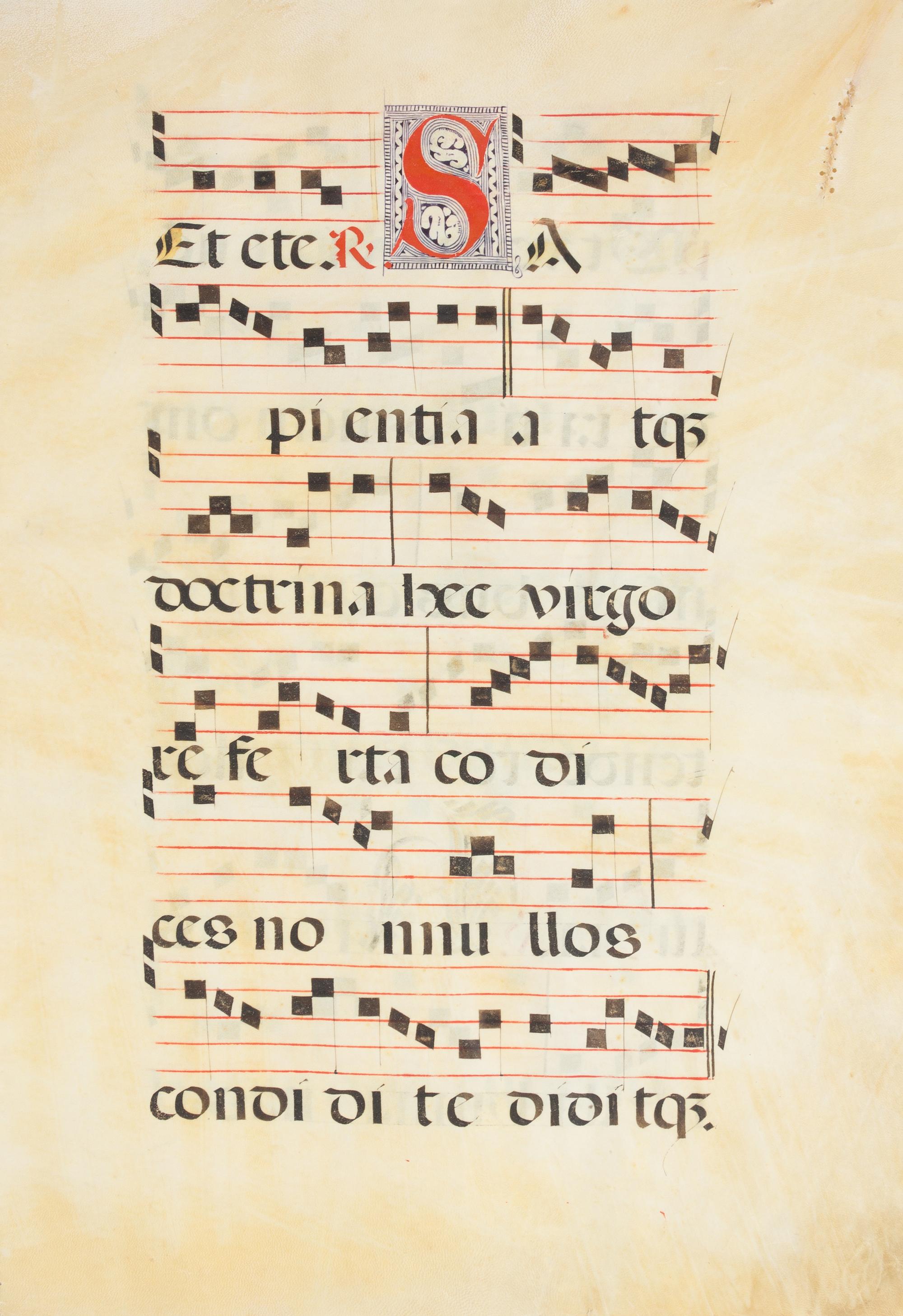 [ILLUMINATION]. ANTIPHONAL LEAF, in Latin, MANUSCRIPT ON VELLUM. [17th century].