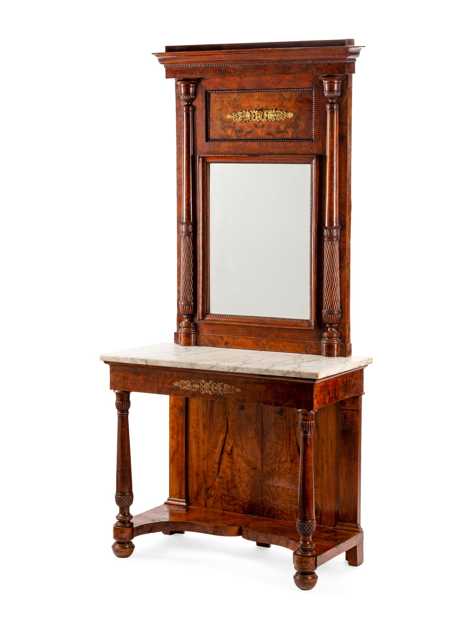 An Italian Walnut Marble-Top Console Table and Mirror