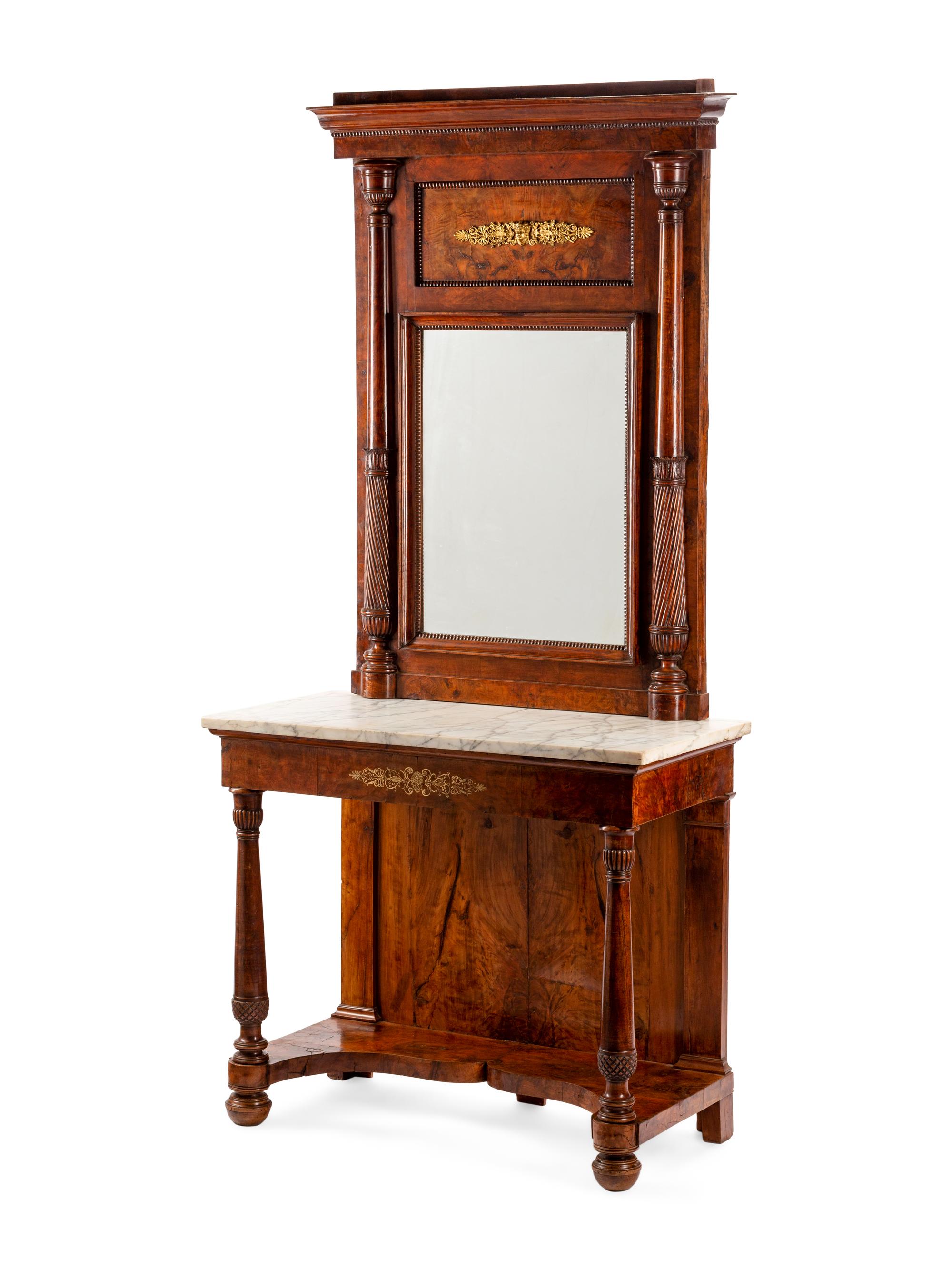 An Italian Walnut Marble-Top Console Table and Mirror
