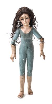 A Spanish Colonial Carved Polychrome Bulto of a Female Figure Length 23 1/2 inches. — LATE 19TH CENTURY