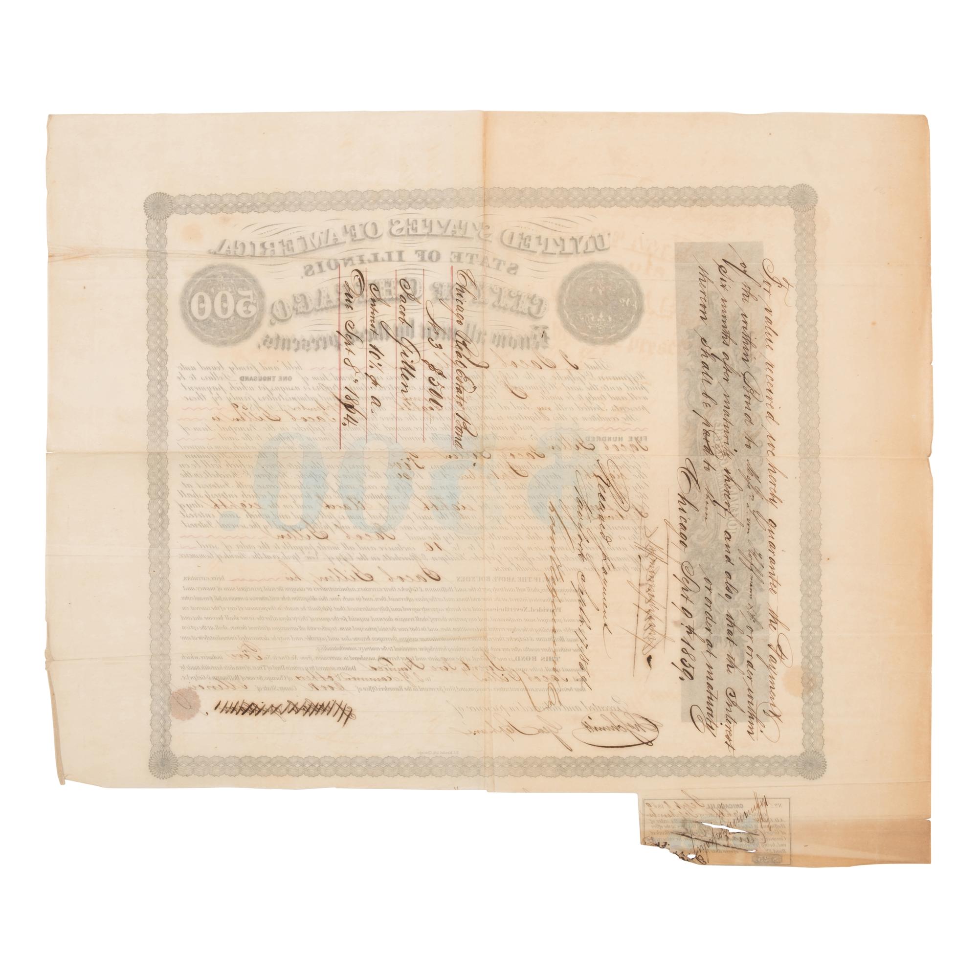 [Chicago Fire]. A large archive of letters, documents, tokens, and ephemera related to the Great Fire.
