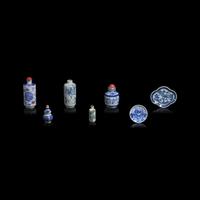 A Group of Five Assorted Chinese Snuff Bottles and Two Saucers