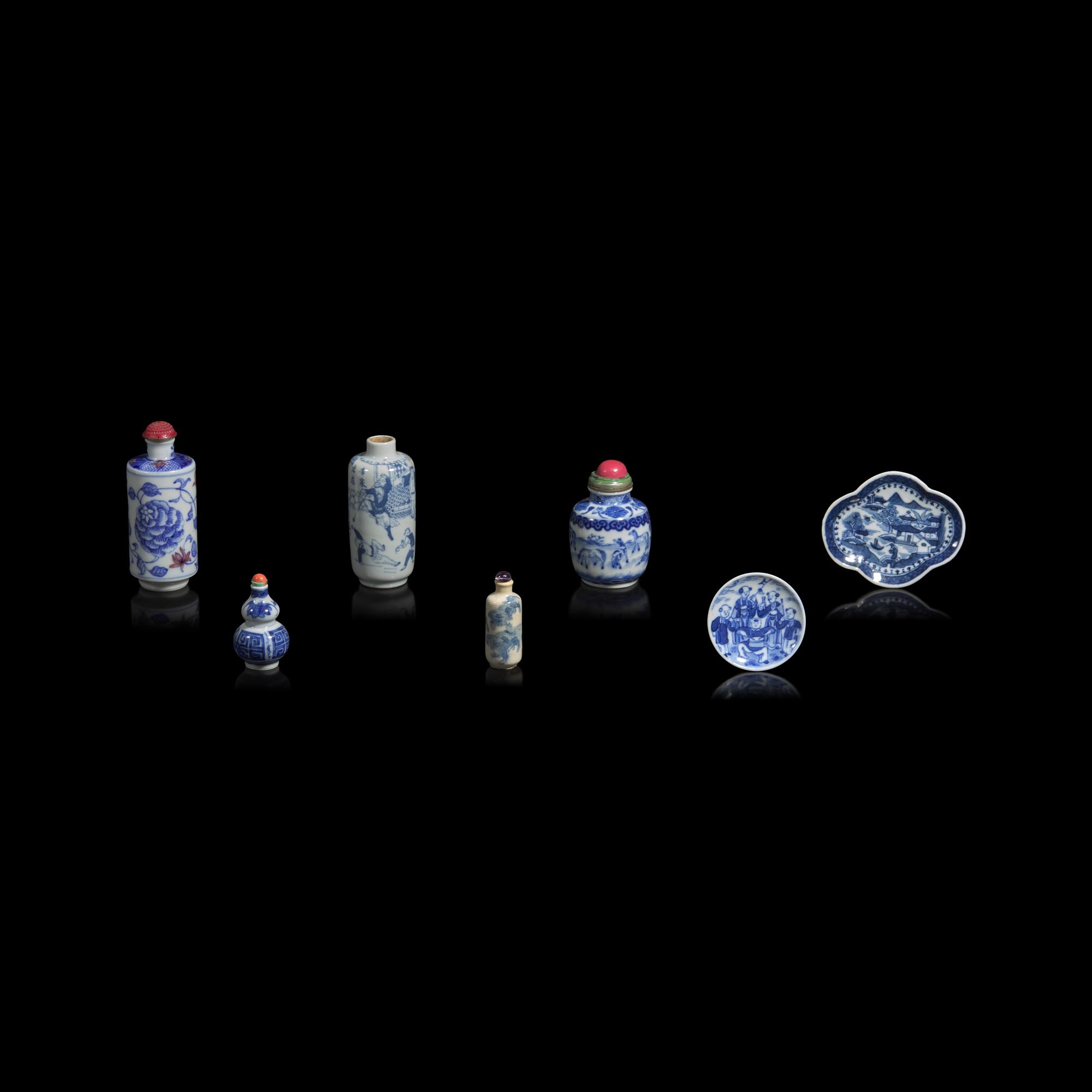 A Group of Five Assorted Chinese Snuff Bottles and Two Saucers