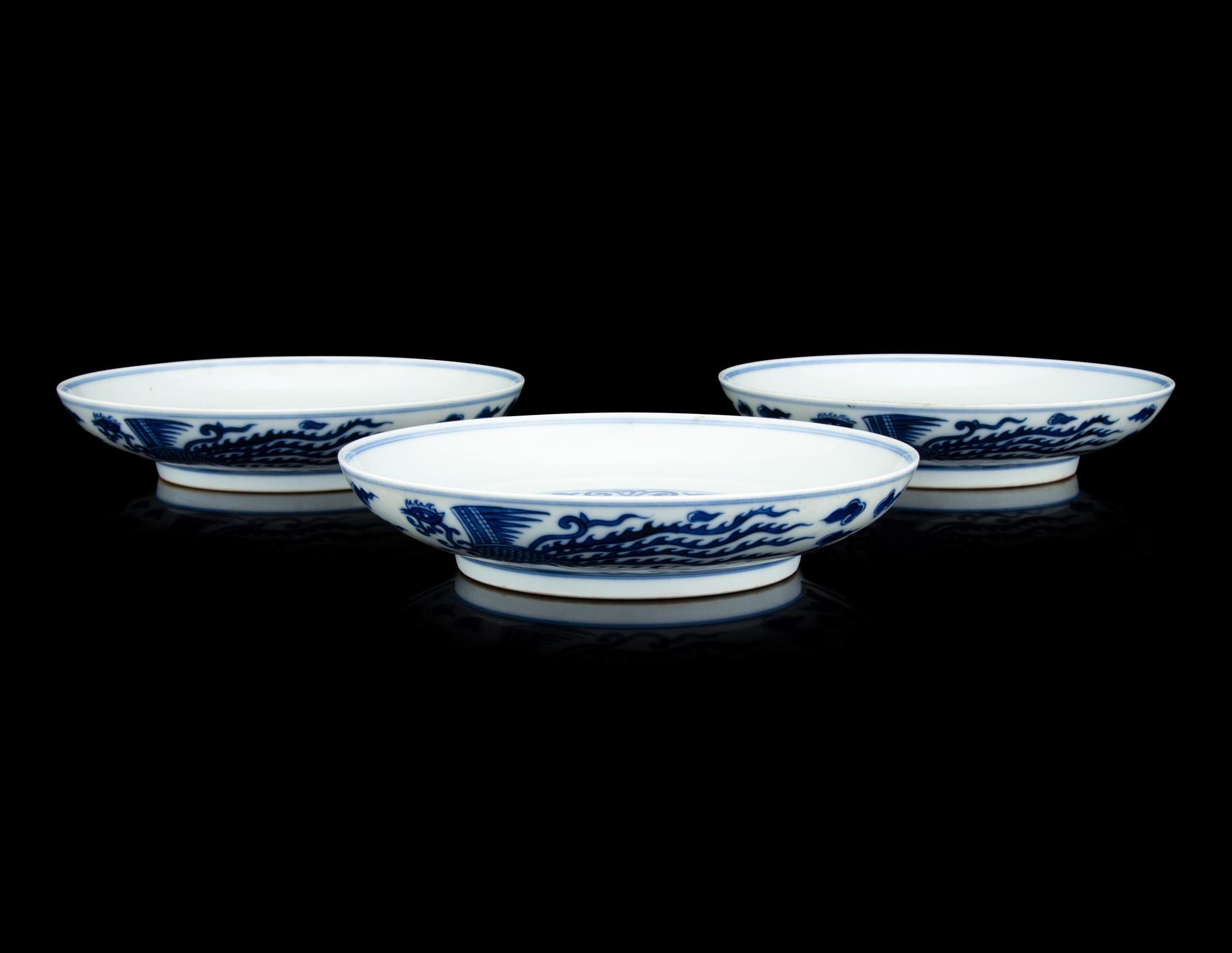 Three Chinese Blue and White Porcelain 'Phoenix' Plates