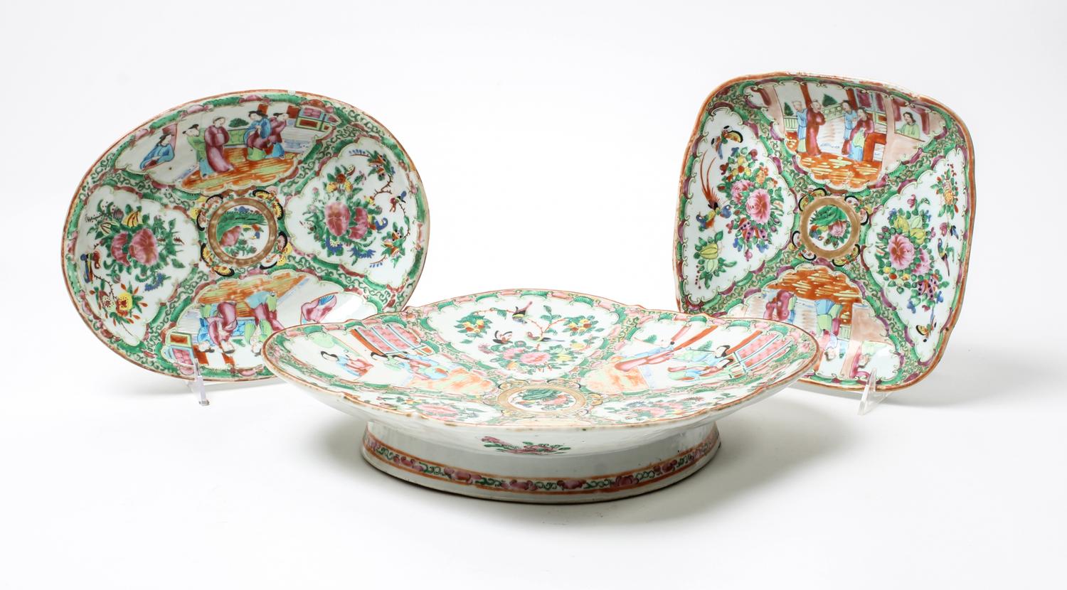 Three Chinese Export Rose Medallion Dishes. Width of widest 12 3/4 inches.