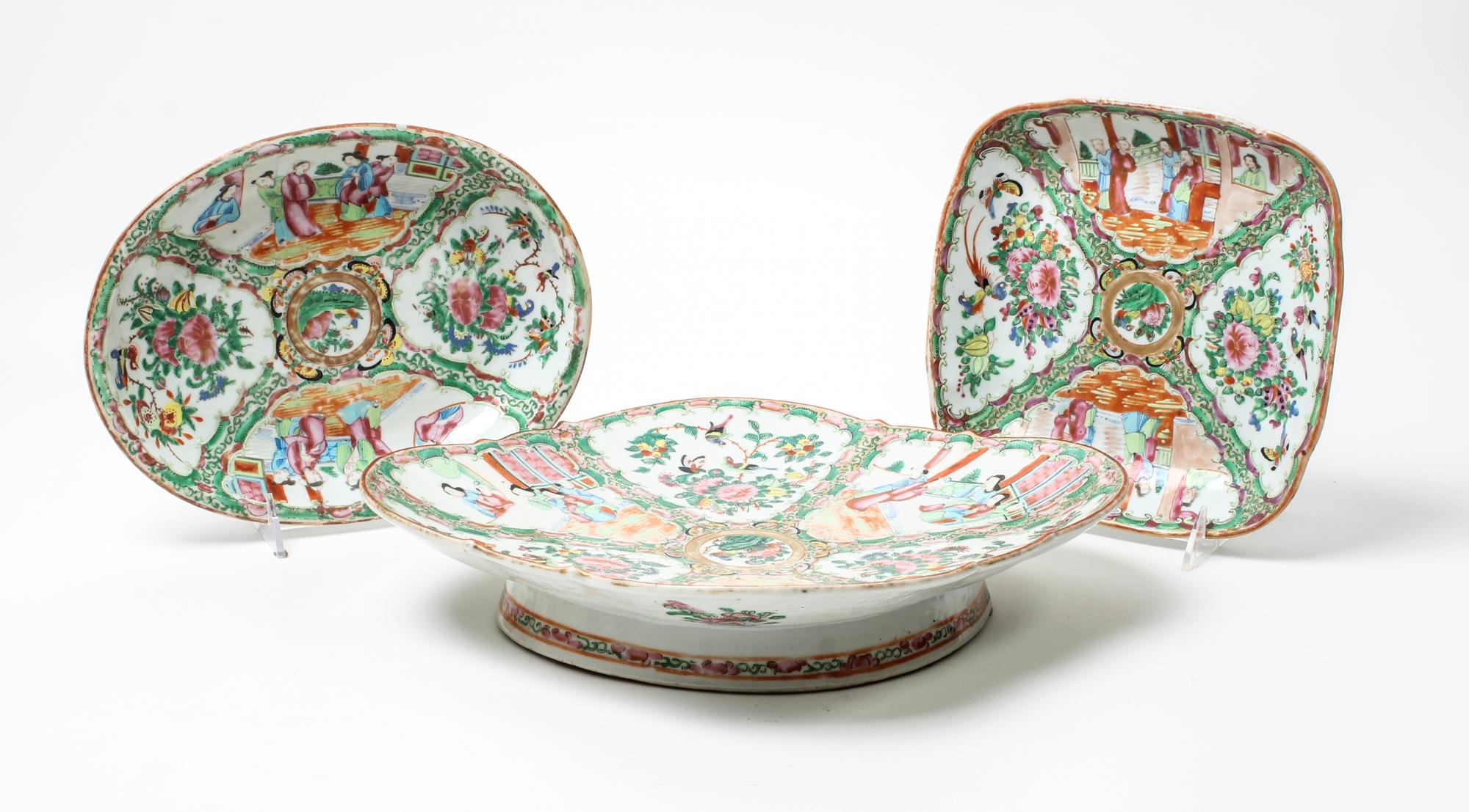Three Chinese Export Rose Medallion Dishes. Width of widest 12 3/4 inches.