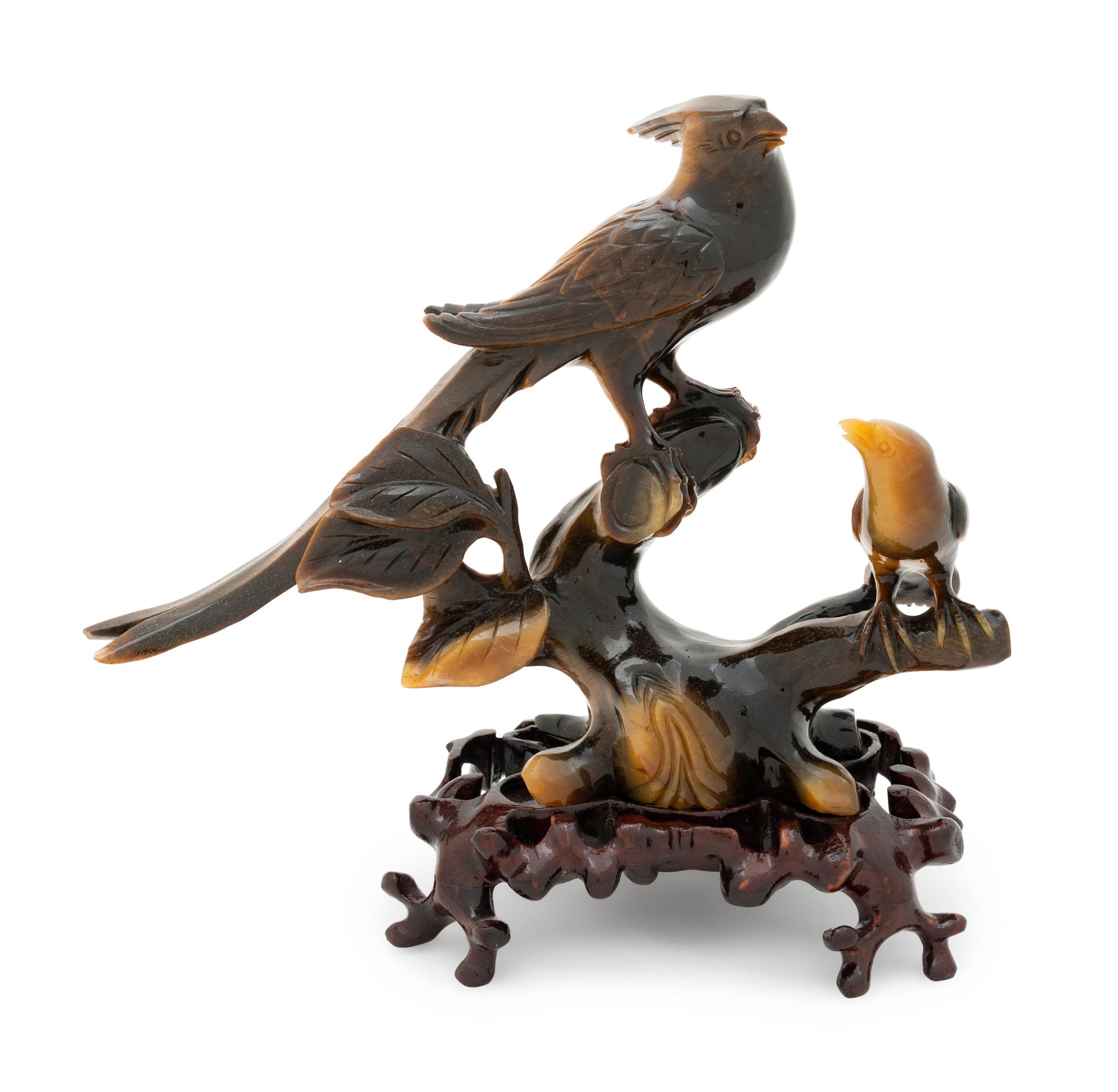 A Chinese Tiger's Eye Stone Figural Group of Two Birds
