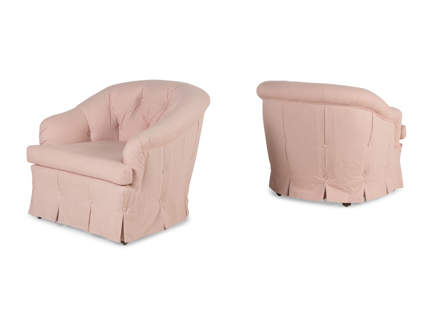 A Pair of Button-Tufted Barrel Back Armchairs