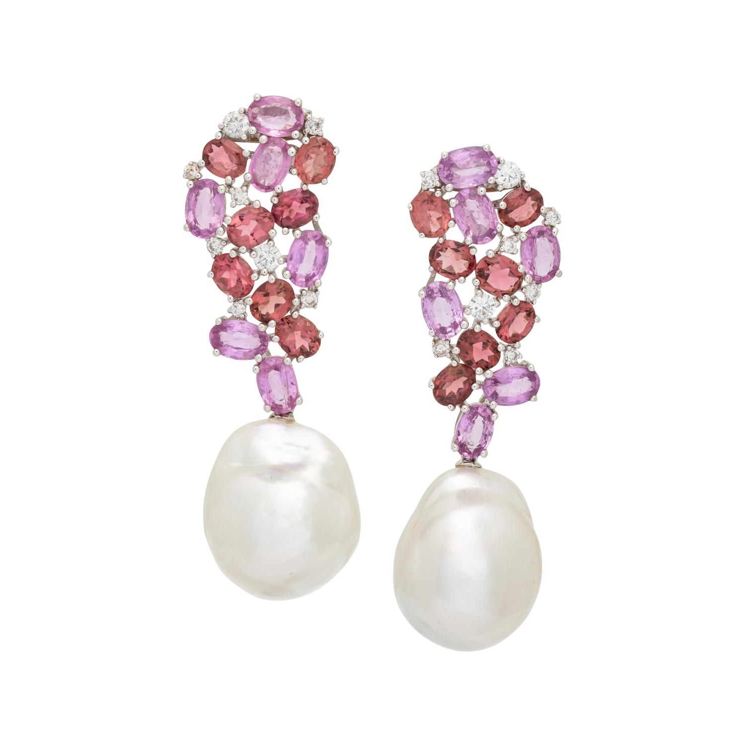 CULTURED SOUTH SEA PEARL, TOURMALINE, AND DIAMOND EARRINGS
