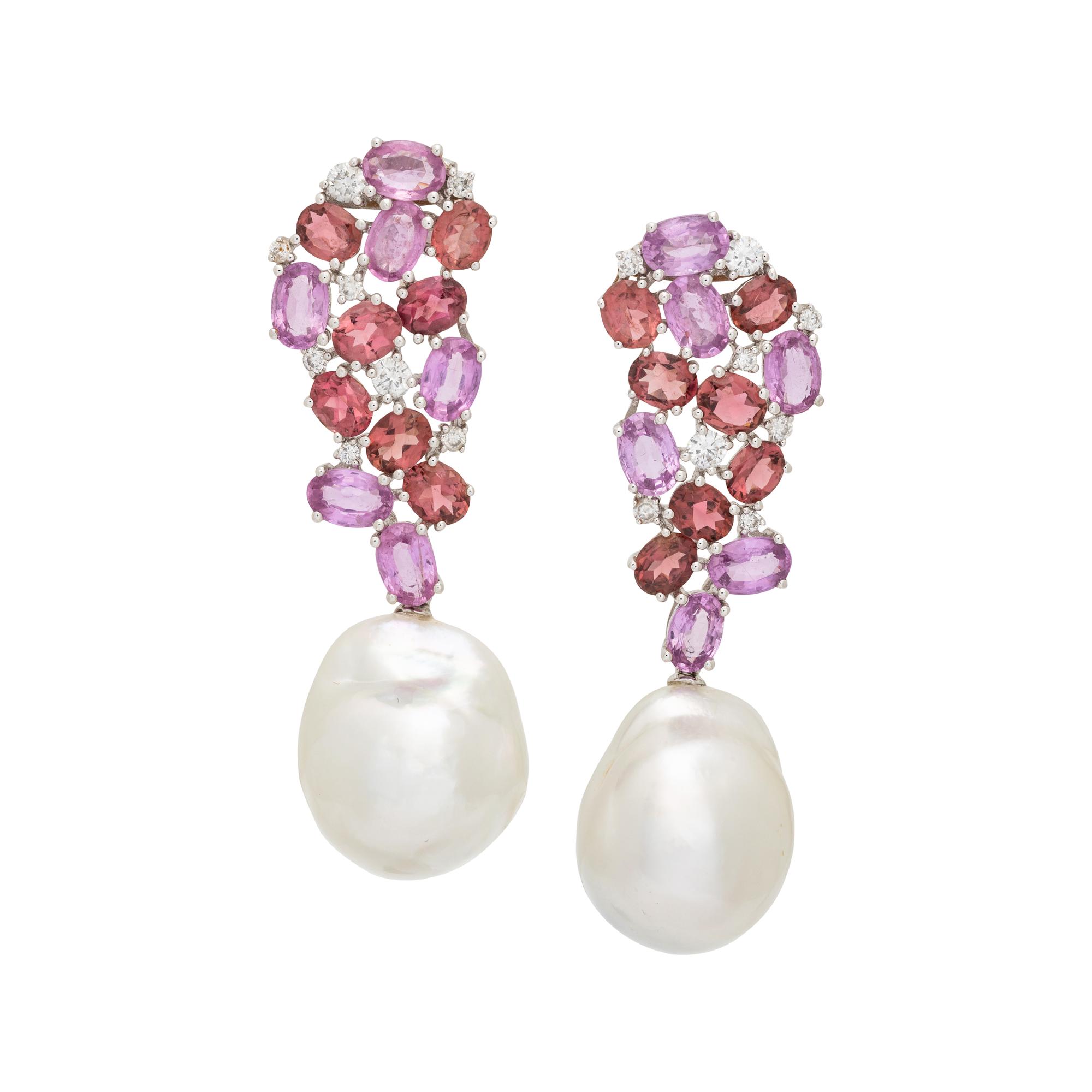 CULTURED SOUTH SEA PEARL, TOURMALINE, AND DIAMOND EARRINGS