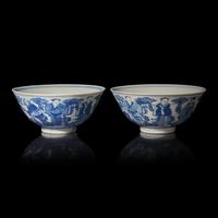 A Pair of Chinese Blue and White "Immortals" Bowls, Qianlong Marks, Possibly Guangxu Period — 或爲清光緒 青花八仙圖碗一對
