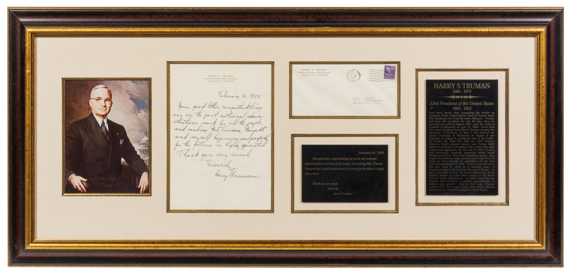 TRUMAN, Harry S. (1884-1972). Facsimile letter signed ("Harry Truman"), to Lucius Shepard, Kansas City, Missouri, 10 February 1953.