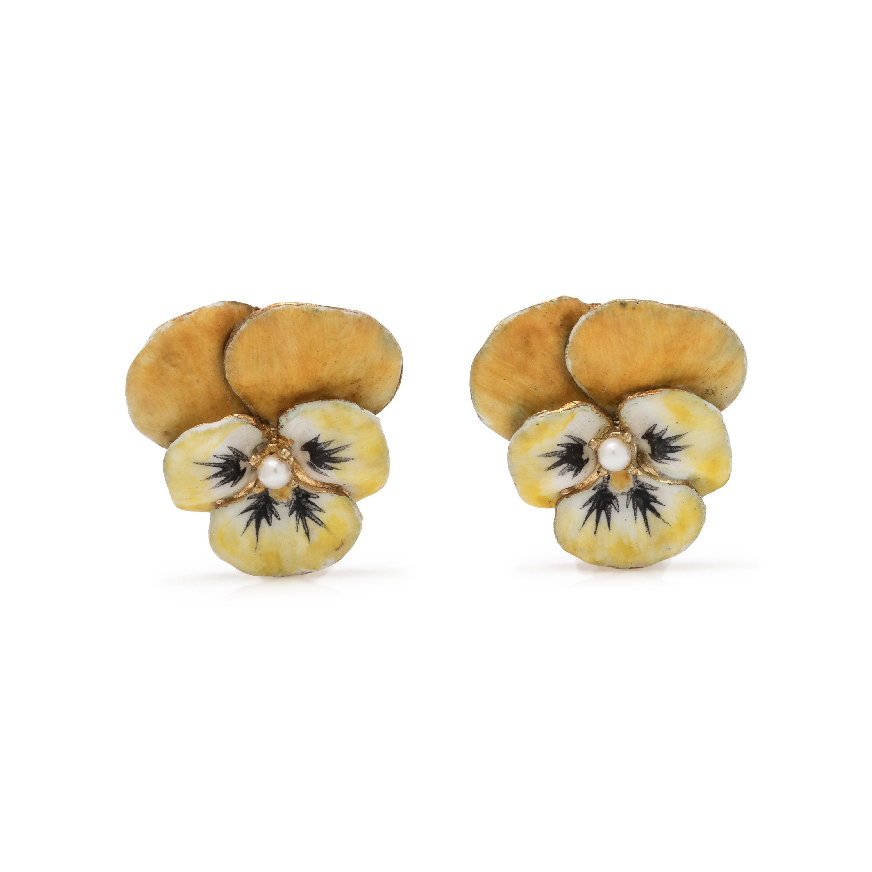 ENAMEL AND SEED PEARL PANSY EARCLIPS