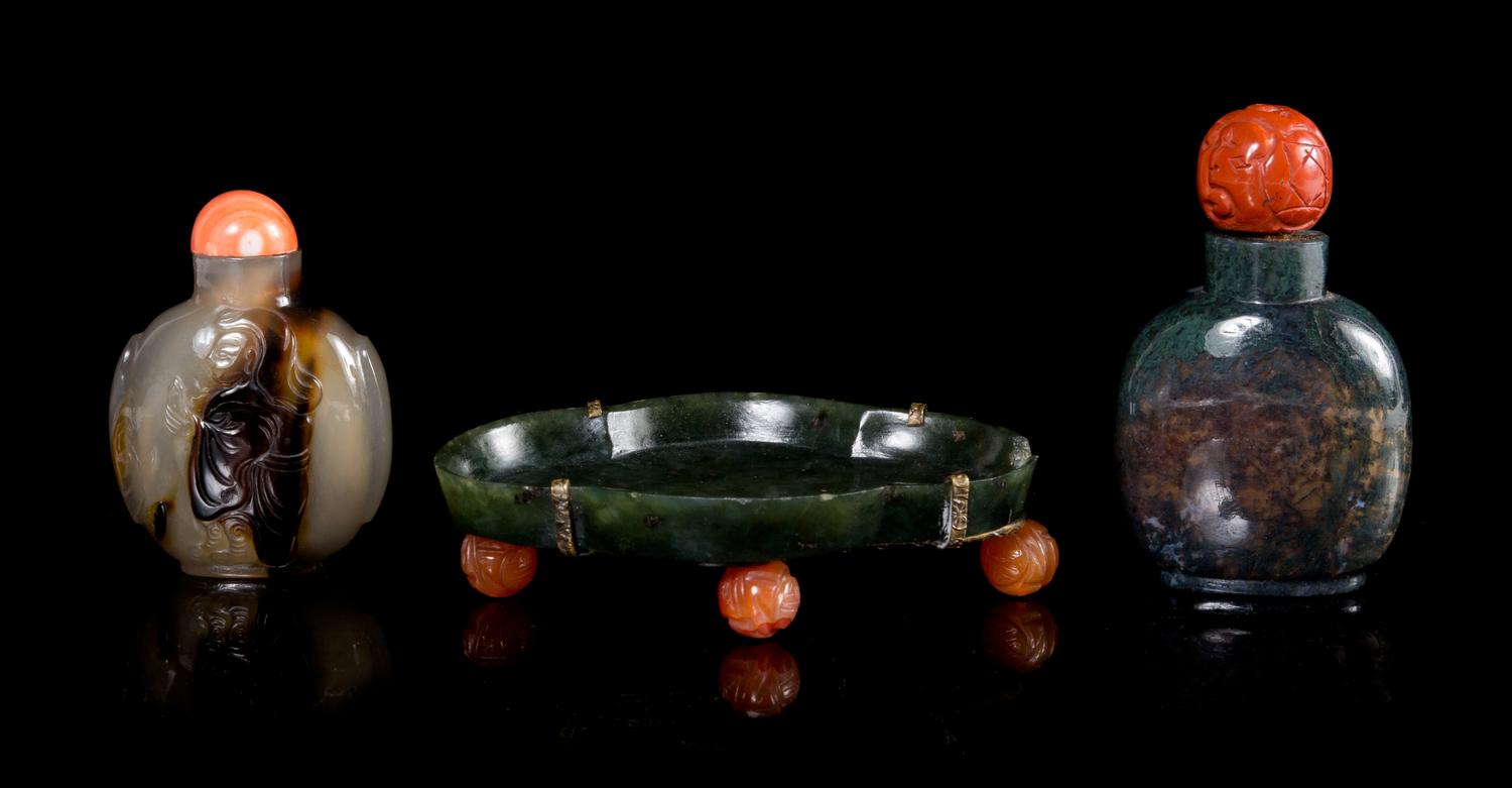 Two Agate Snuff Bottles Length of largest 3 3/4 inches.