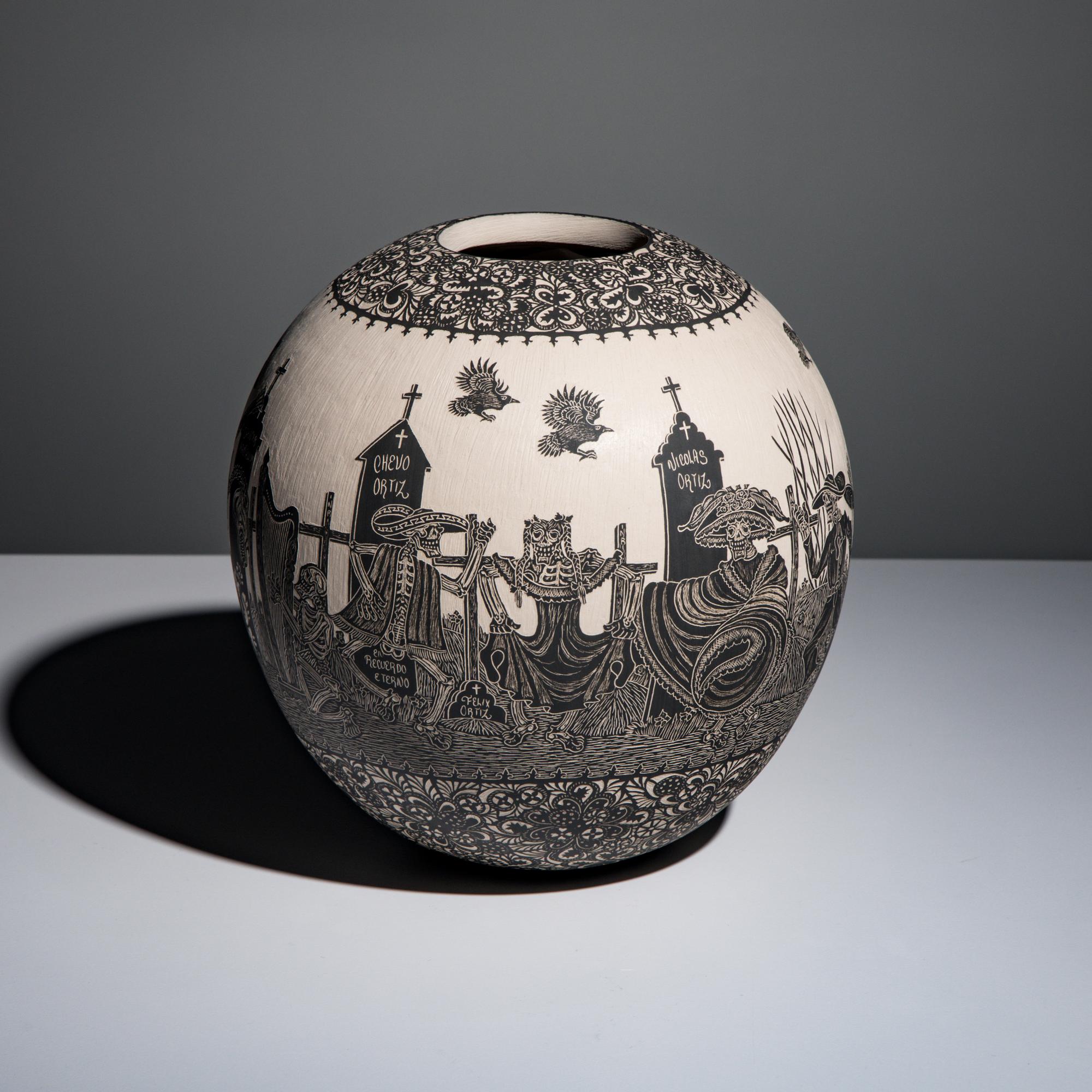 Hector Javier Martinez Mendez and Gabriela Periz de Martinez (Mata Ortiz, 20th century) — Black-on-Cream Sgraffito Pottery Jar, Remembering Artist Past - Day
