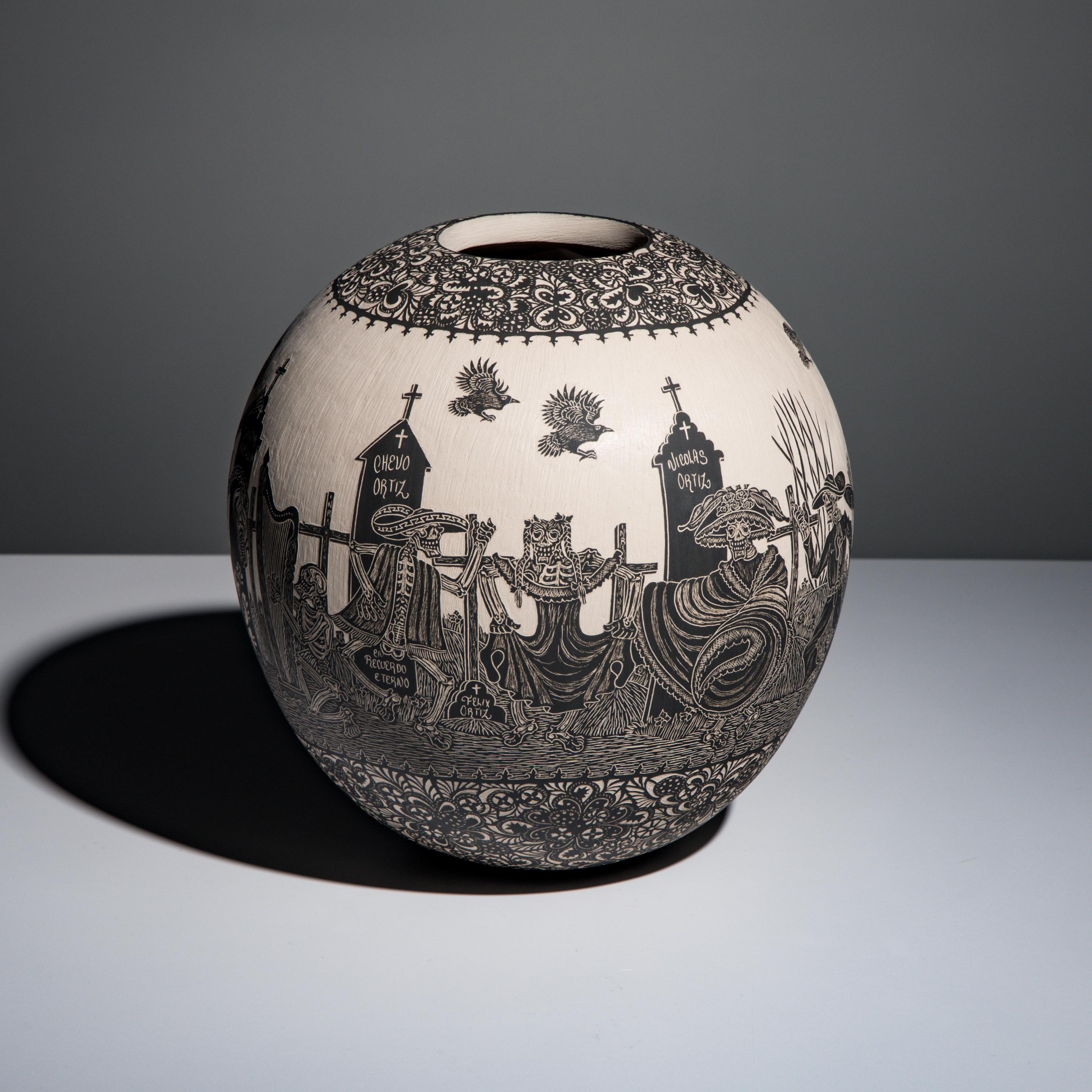 Hector Javier Martinez Mendez and Gabriela Periz de Martinez (Mata Ortiz, 20th century) — Black-on-Cream Sgraffito Pottery Jar, Remembering Artist Past - Day