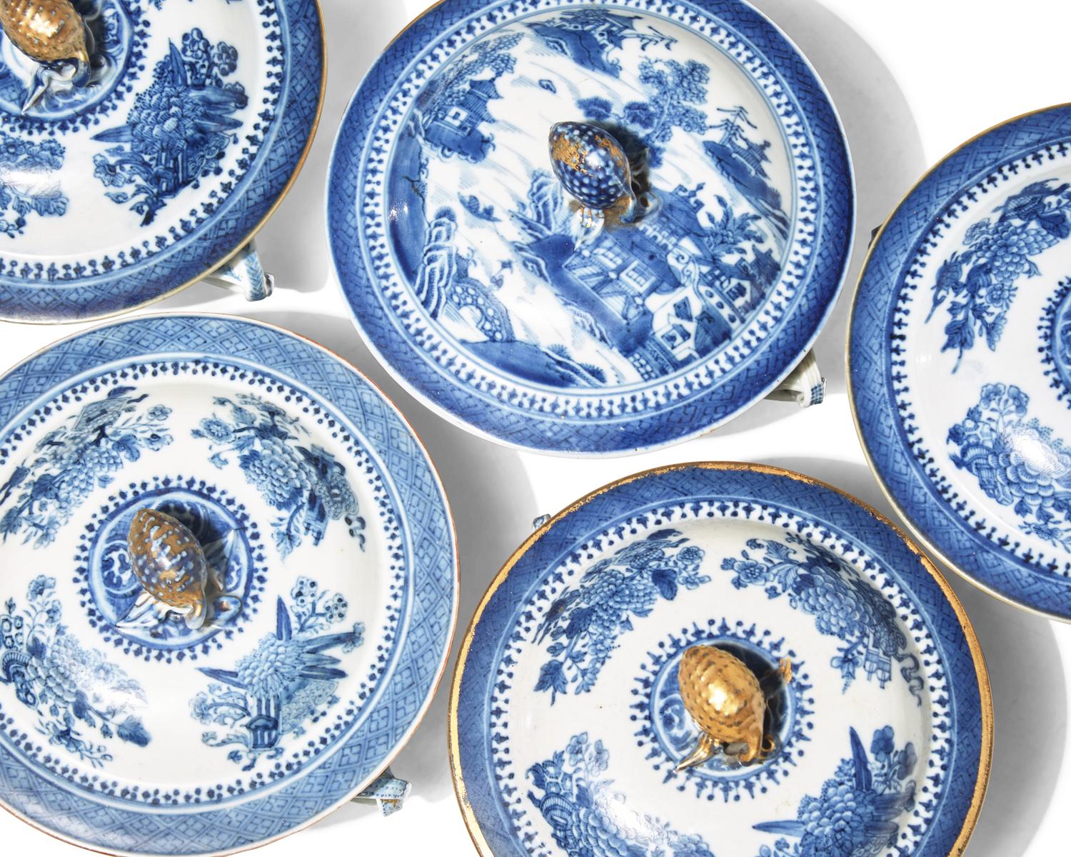 A Group of Six Chinese Export Porcelain Blue Fitzhugh Double-Handled Bowls with Five Covers